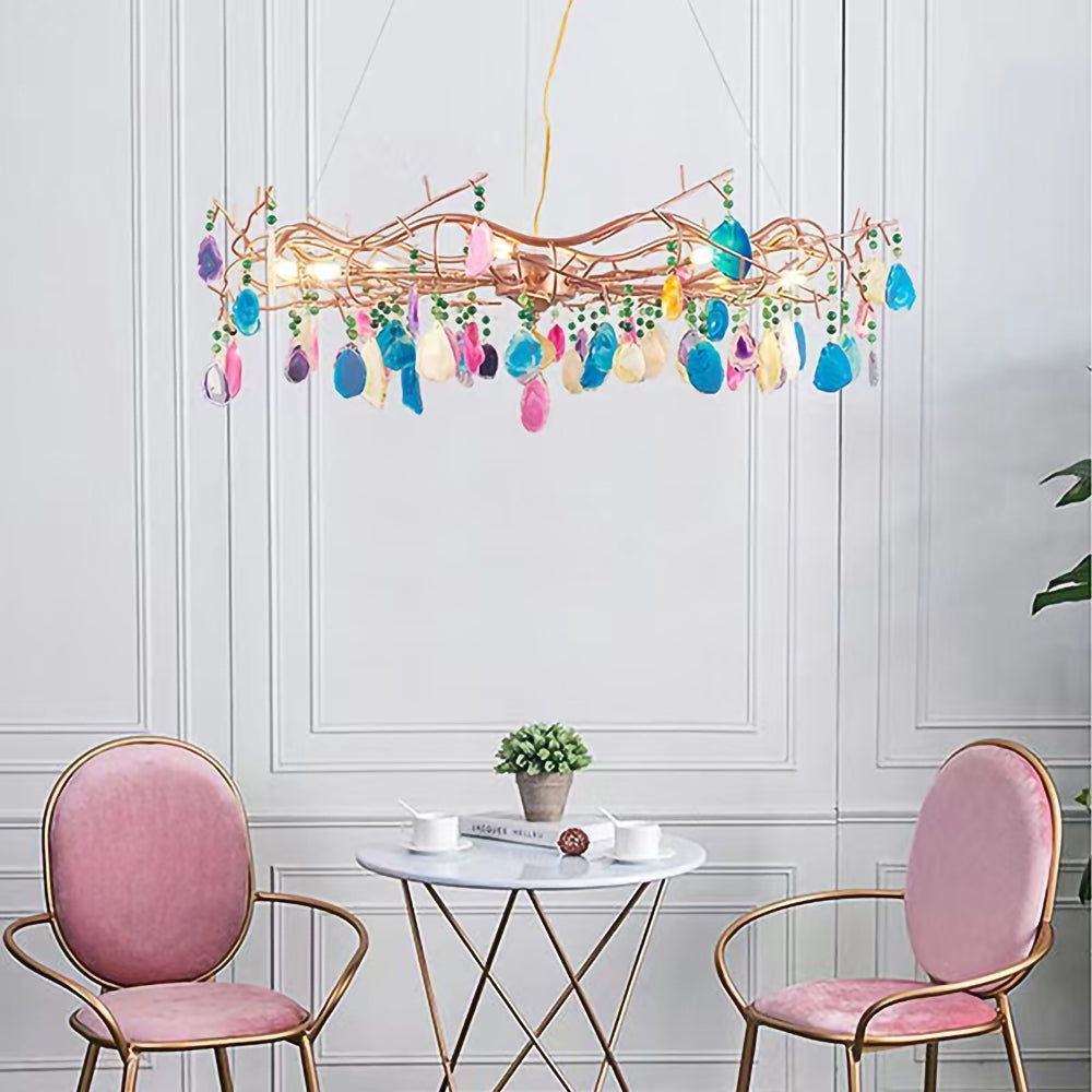 Agaatlamp Kroonluchter met Natuursteen en Roségouden Frame – Klassieke Villa Verlichting | Sansoti