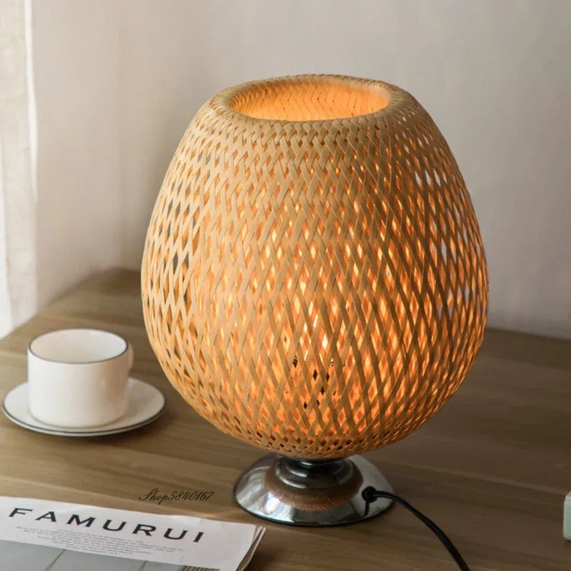 Bamboe Tafellamp Vintage Scandinavisch Design Warm Licht Slaapkamer Woonkamer Bureaulamp Oosterse Stijl | Sansoti