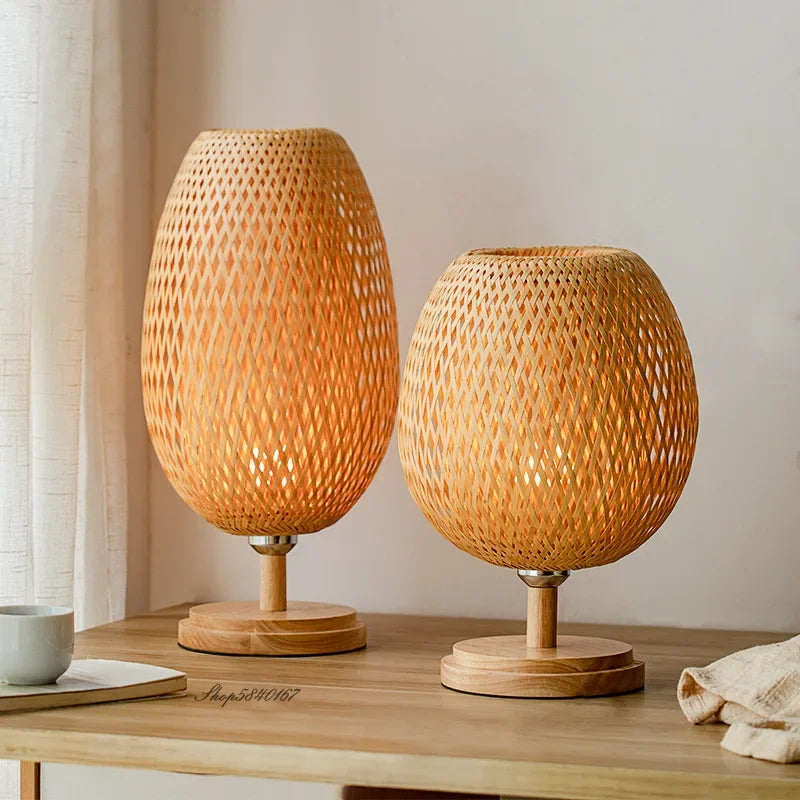 Bamboe Tafellamp Vintage Scandinavisch Design Warm Licht Slaapkamer Woonkamer Bureaulamp Oosterse Stijl | Sansoti