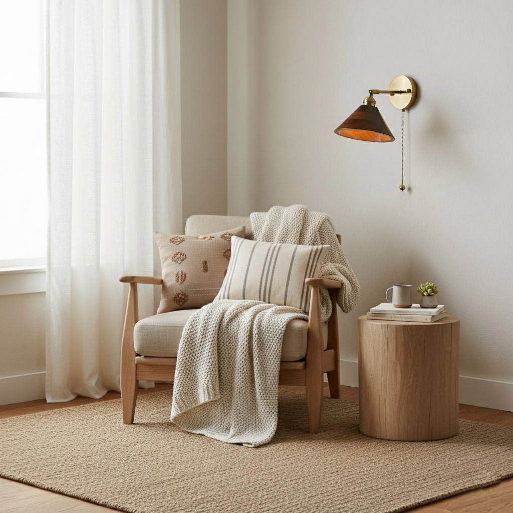 Vintage Wandlamp met Walnoothouten Kap en Messing Armatuur – Dubbele Schakelaar Design | Sansoti