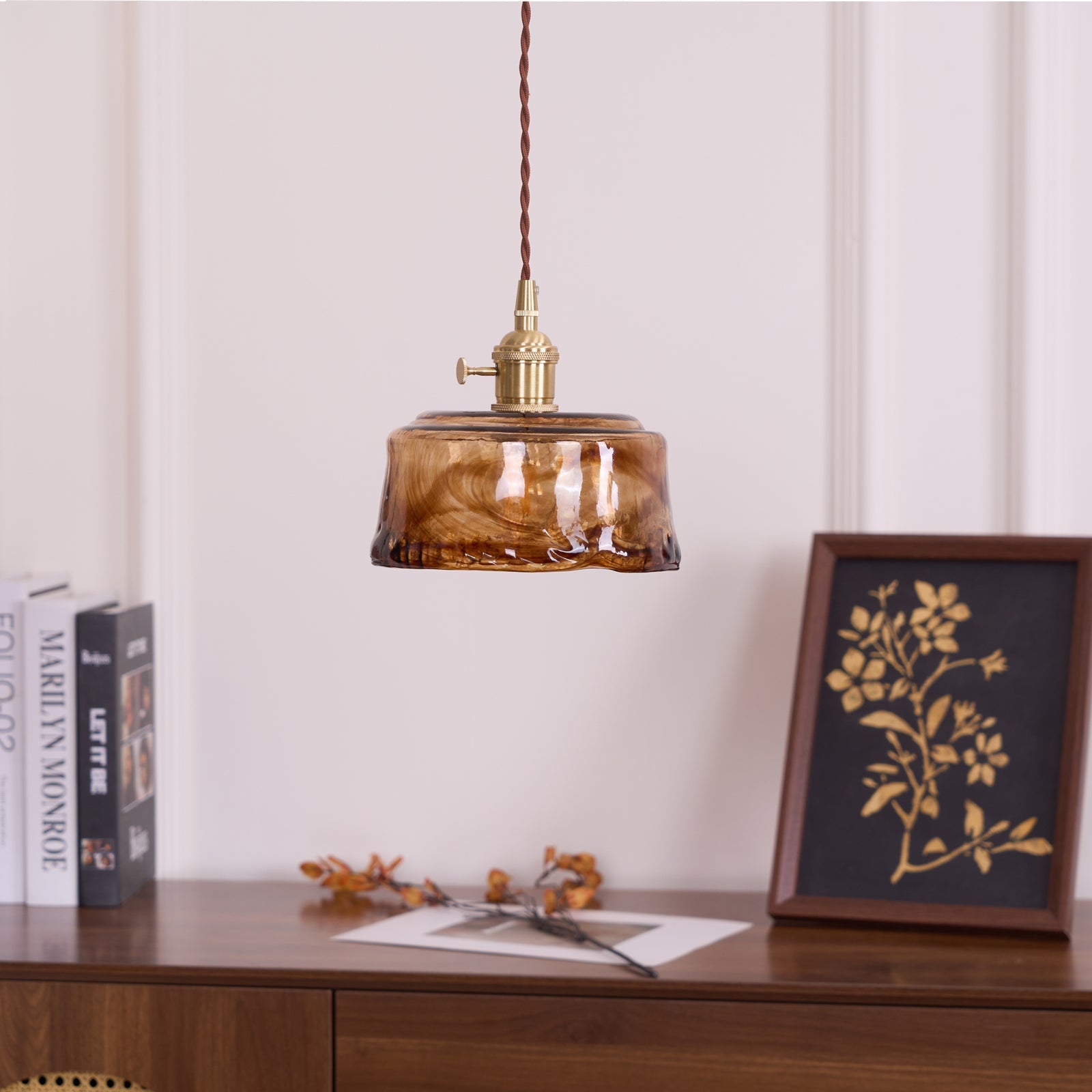 Vintage Hanglamp Messing & Amber Glas – Retro Verlichting Eetkamer Keukeneiland Bar Restaurant – E26/E27 Max 40W | Sansoti