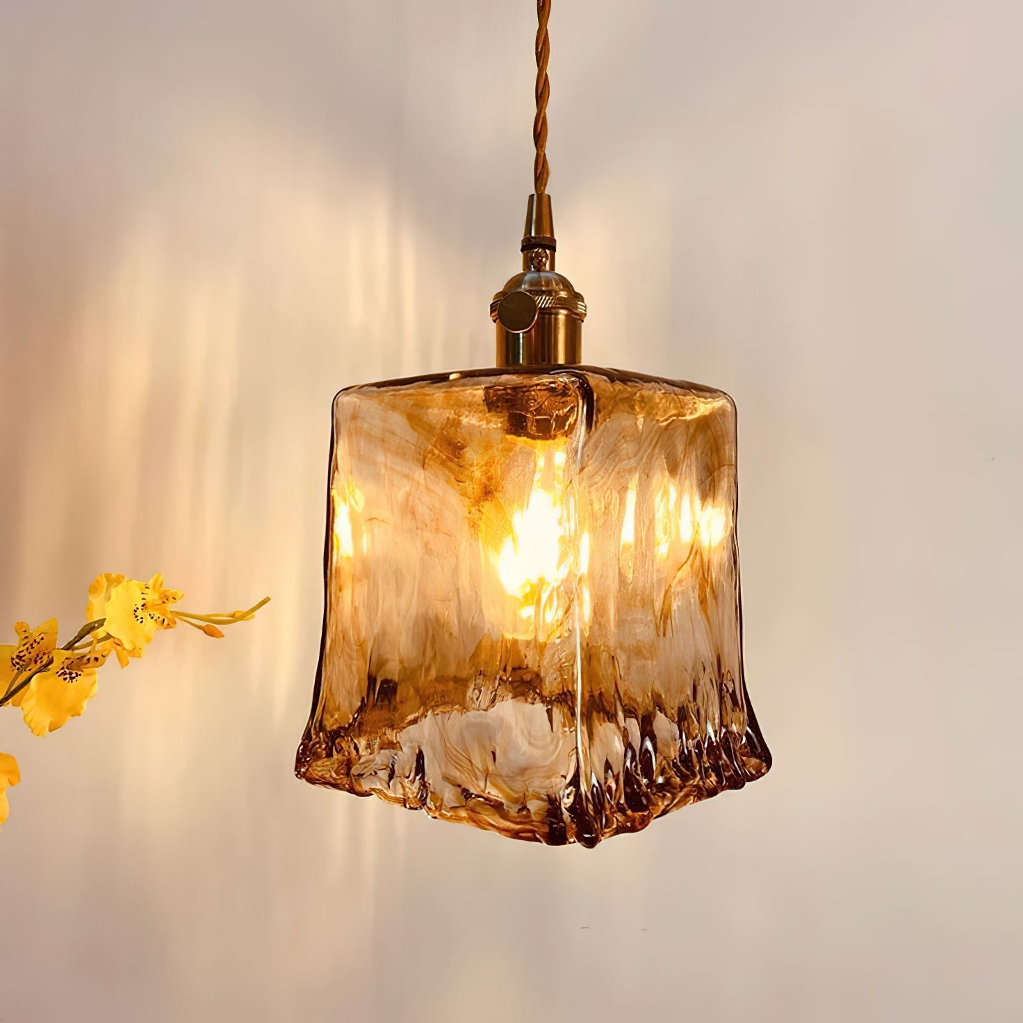 Vintage Hanglamp Messing & Amber Glas – Retro Verlichting Eetkamer Keukeneiland Bar Restaurant – E26/E27 Max 40W | Sansoti