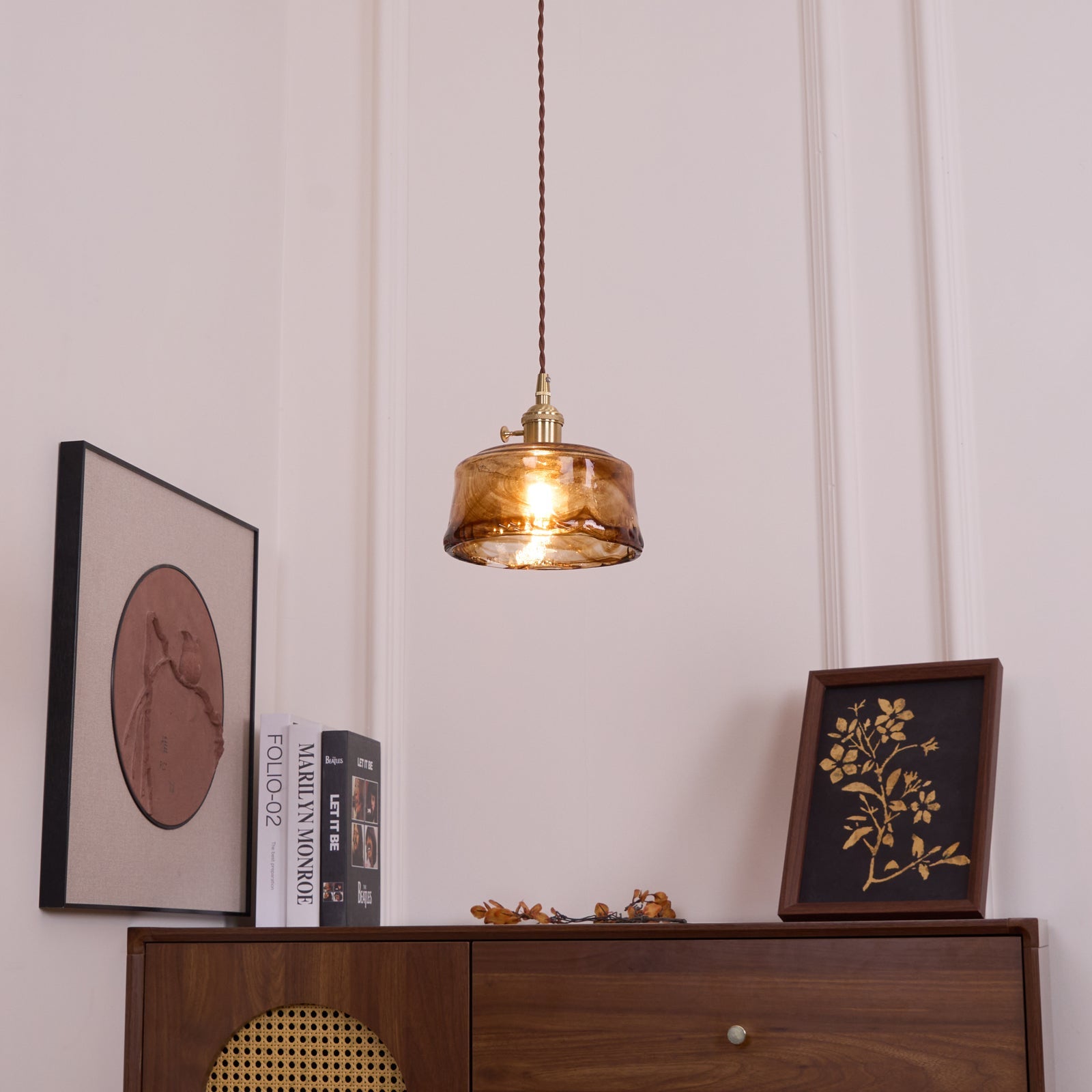Vintage Hanglamp Messing & Amber Glas – Retro Verlichting Eetkamer Keukeneiland Bar Restaurant – E26/E27 Max 40W | Sansoti