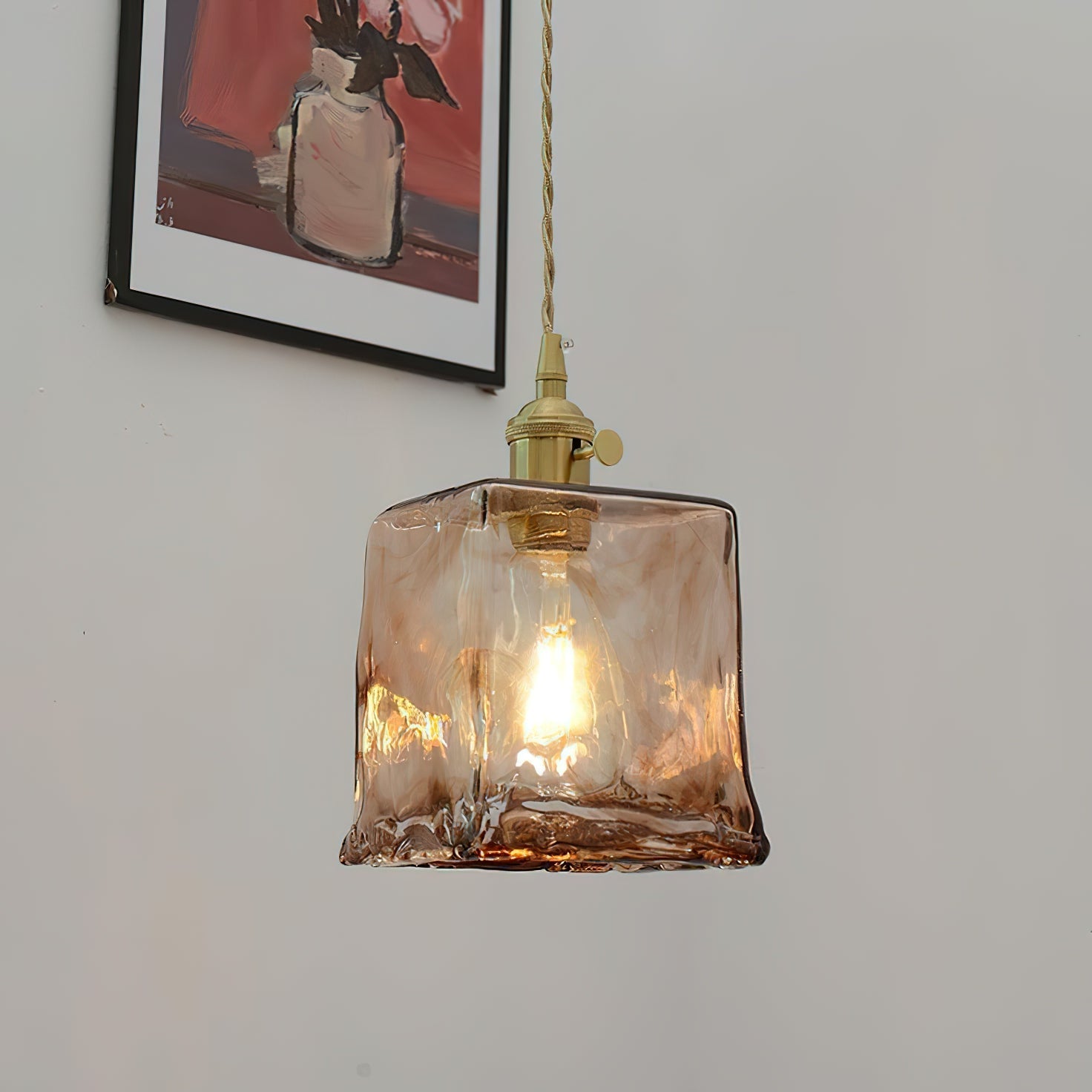 Vintage Hanglamp Messing & Amber Glas – Retro Verlichting Eetkamer Keukeneiland Bar Restaurant – E26/E27 Max 40W | Sansoti