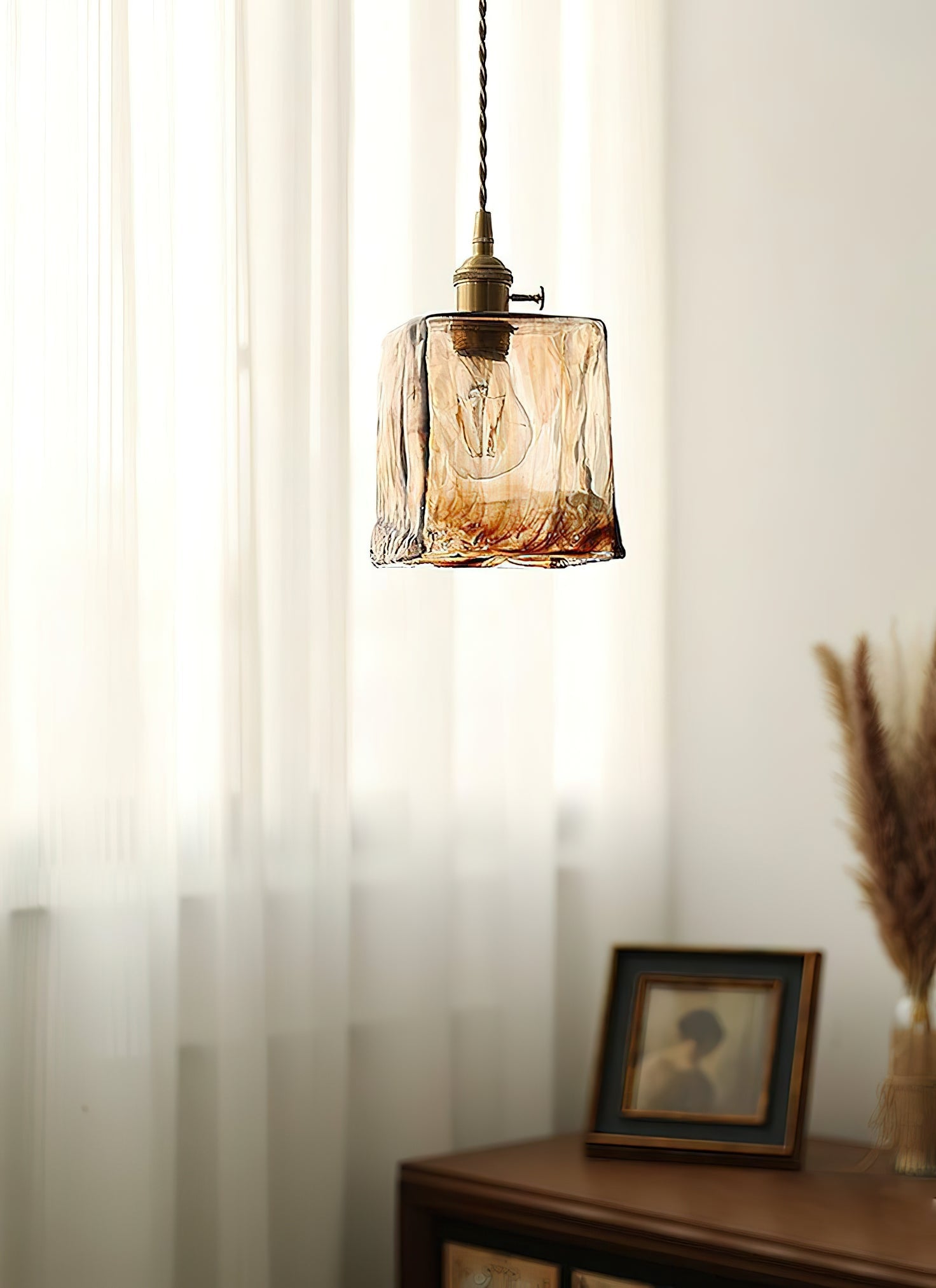 Vintage Hanglamp Messing & Amber Glas – Retro Verlichting Eetkamer Keukeneiland Bar Restaurant – E26/E27 Max 40W | Sansoti