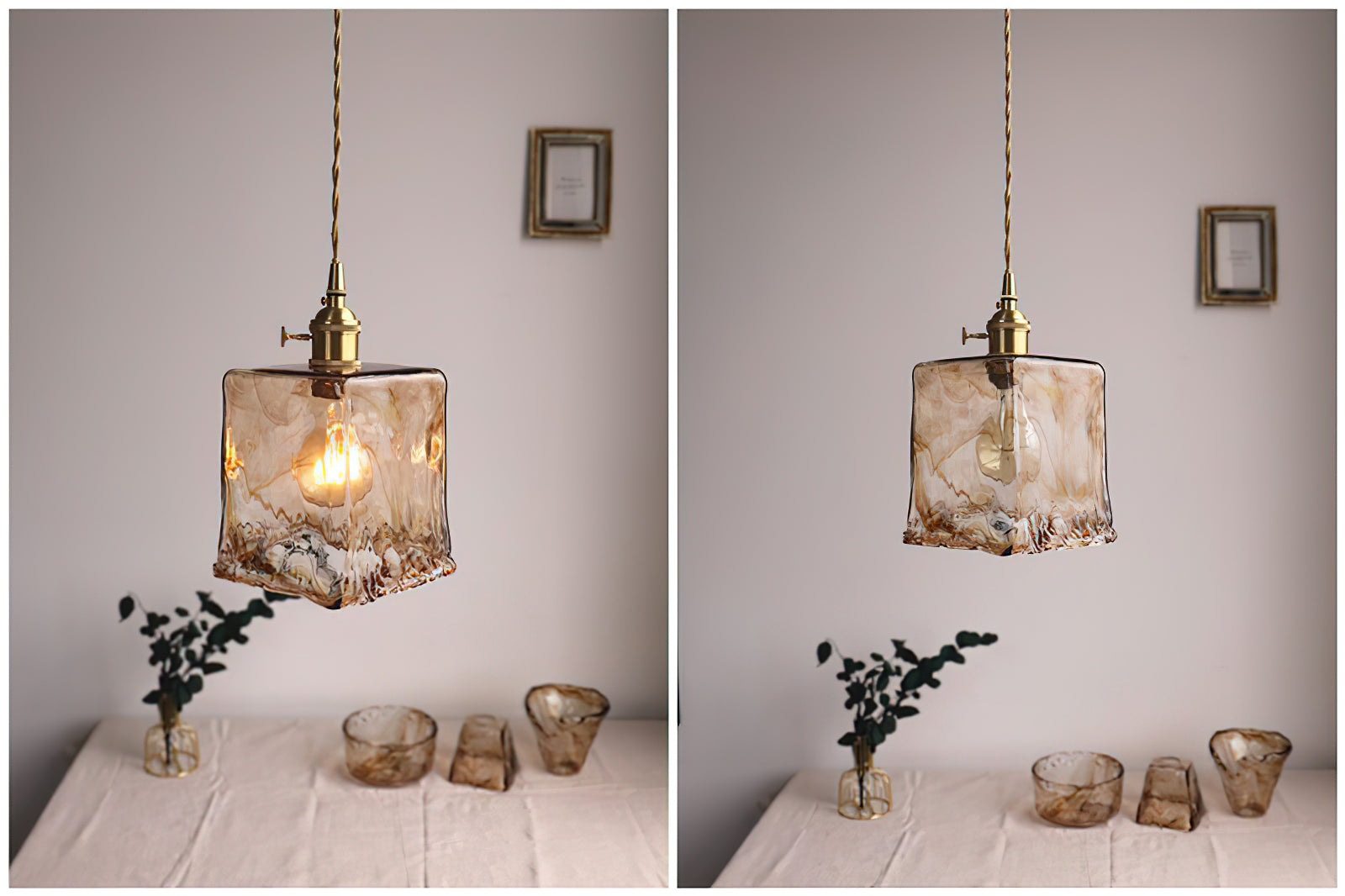 Vintage Hanglamp Messing & Amber Glas – Retro Verlichting Eetkamer Keukeneiland Bar Restaurant – E26/E27 Max 40W | Sansoti