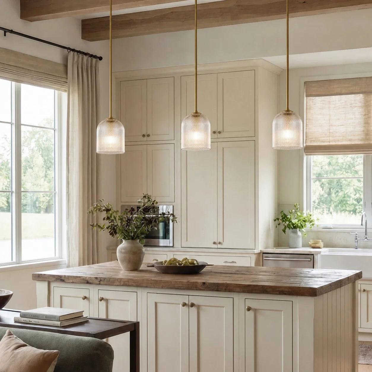 Geribbelde Glazen Hanglamp met Koperen Finish – Landelijke Stijl Verlichting | Sansoti