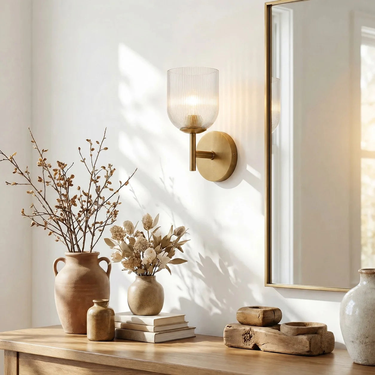 Wandlamp met geribbeld glas en koperen finish voor hal, slaapkamer en badkamer | Sansoti