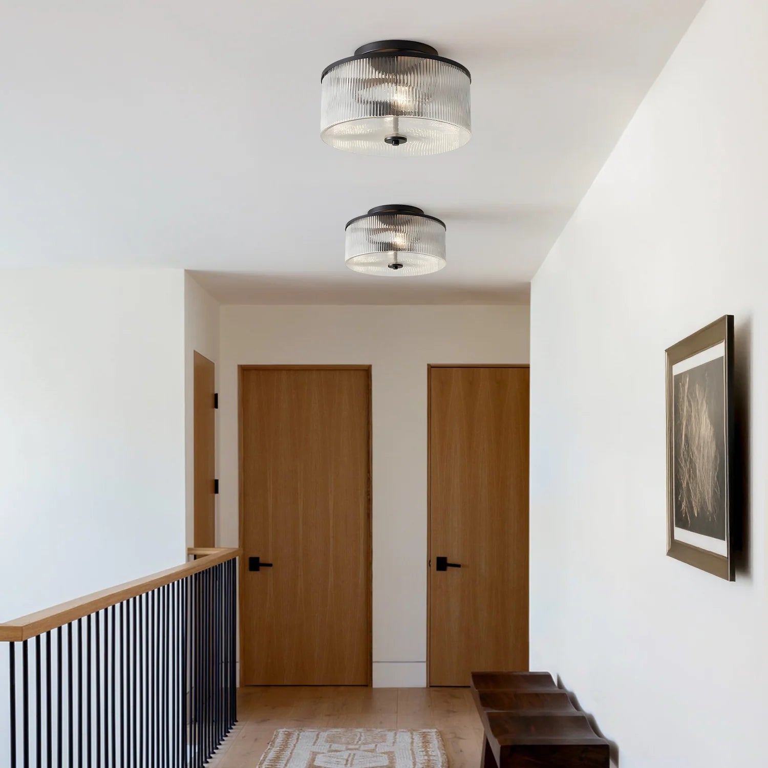 Plafondlamp met Geribbelde Glazen Kap - Landelijke Stijl - Ø 35cm Messing Plafondverlichting voor Hal en Woonkamer | Sansoti