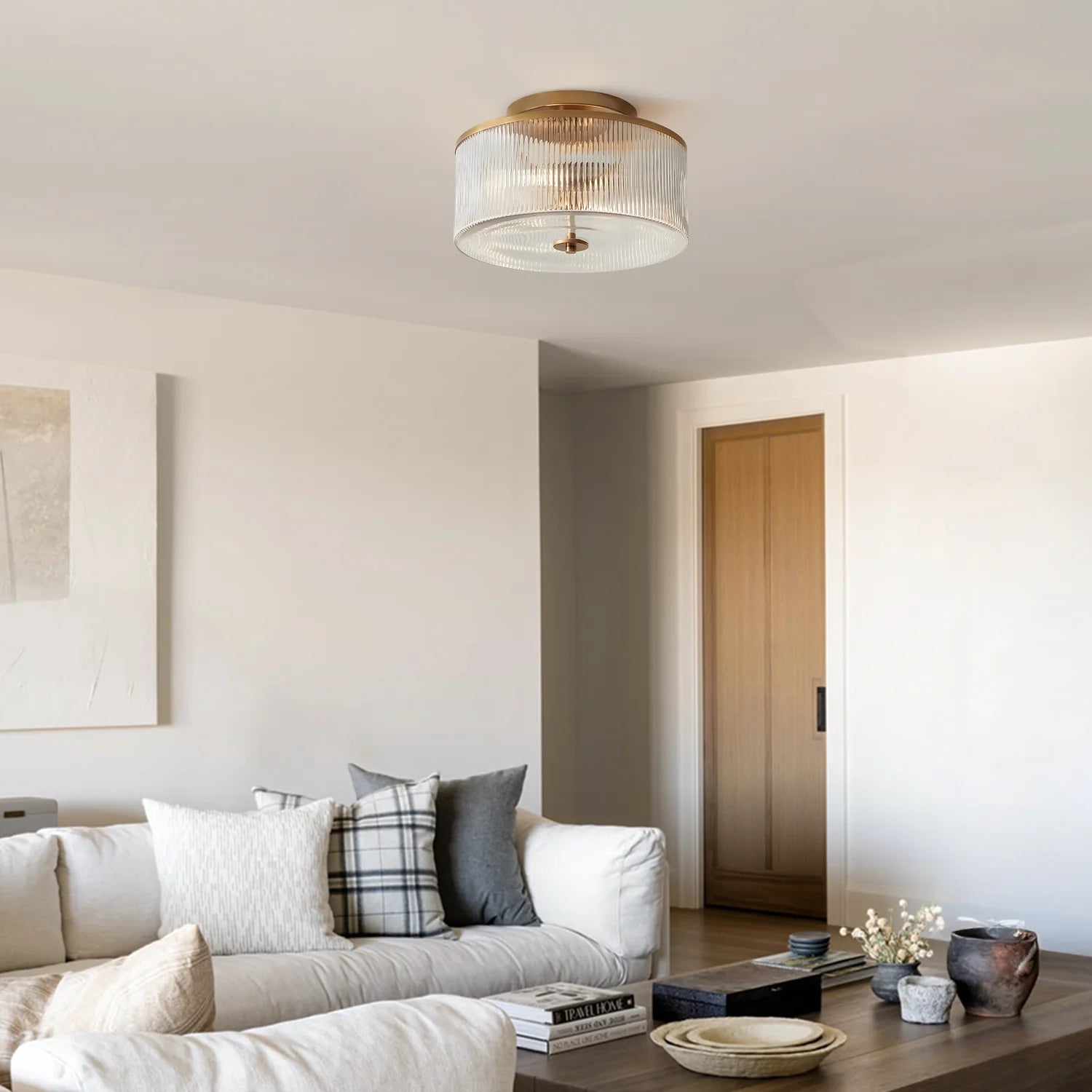 Plafondlamp met Geribbelde Glazen Kap - Landelijke Stijl - Ø 35cm Messing Plafondverlichting voor Hal en Woonkamer | Sansoti