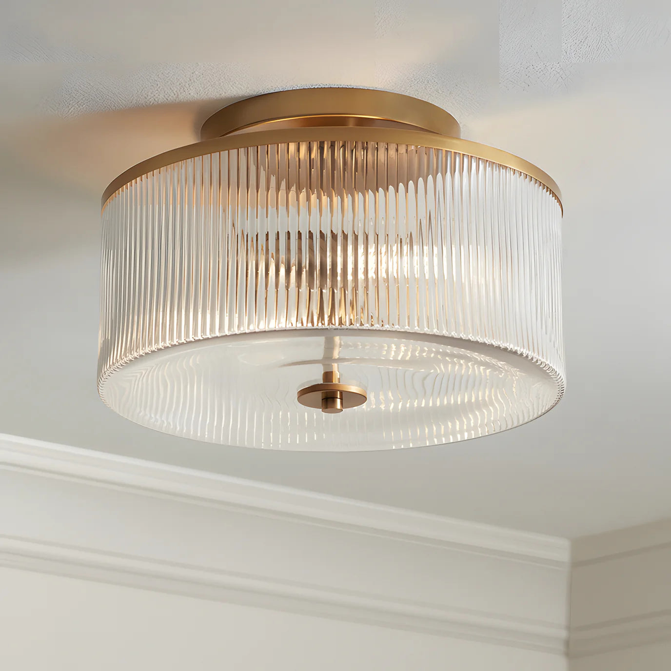 Plafondlamp met Geribbelde Glazen Kap - Landelijke Stijl - Ø 35cm Messing Plafondverlichting voor Hal en Woonkamer | Sansoti