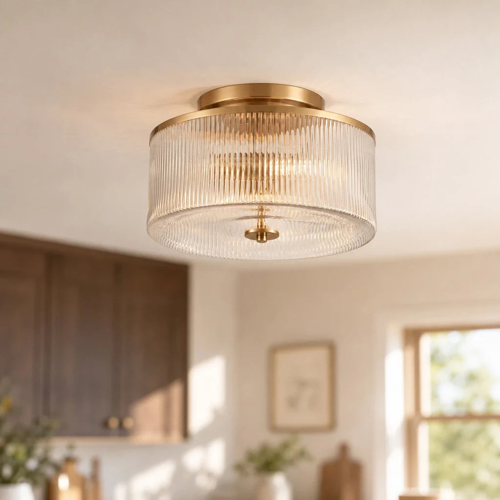 Plafondlamp met Geribbelde Glazen Kap - Landelijke Stijl - Ø 35cm Messing Plafondverlichting voor Hal en Woonkamer | Sansoti