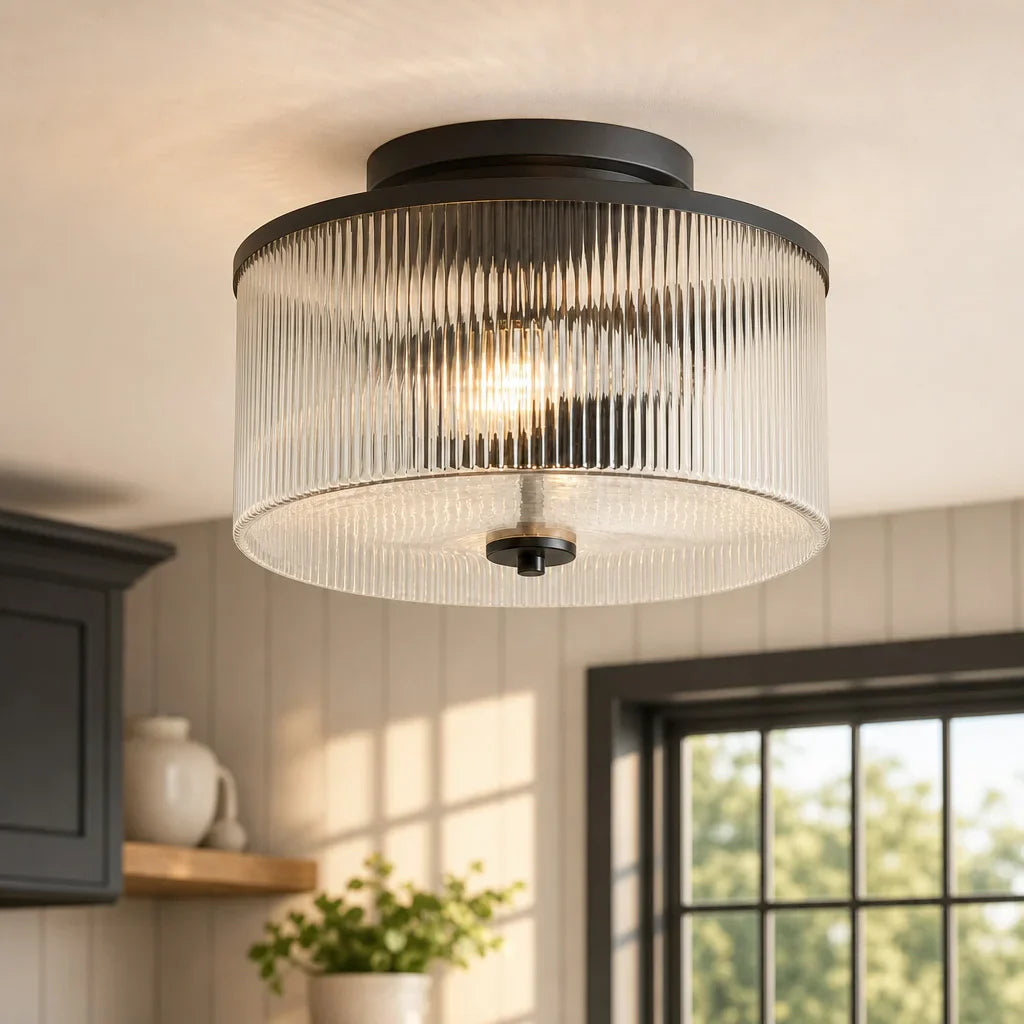Plafondlamp met Geribbelde Glazen Kap - Landelijke Stijl - Ø 35cm Messing Plafondverlichting voor Hal en Woonkamer | Sansoti