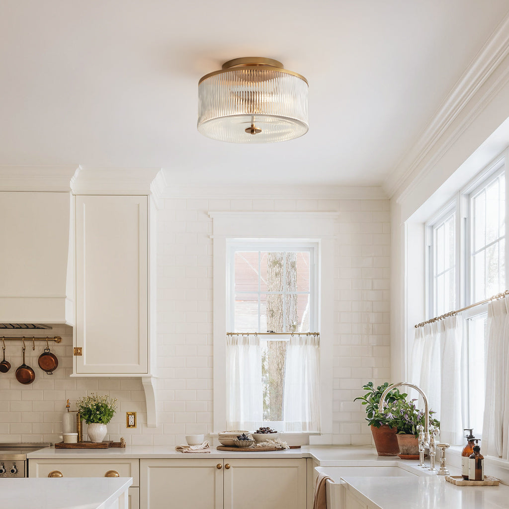 Plafondlamp met Geribbelde Glazen Kap - Landelijke Stijl - Ø 35cm Messing Plafondverlichting voor Hal en Woonkamer | Sansoti