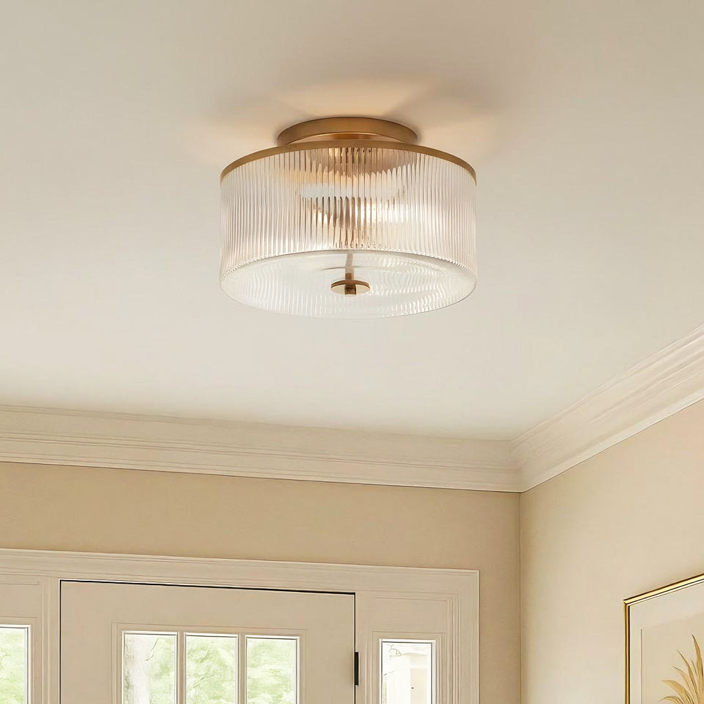 Plafondlamp met Geribbelde Glazen Kap - Landelijke Stijl - Ø 35cm Messing Plafondverlichting voor Hal en Woonkamer | Sansoti
