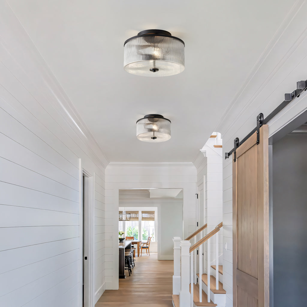 Plafondlamp met Geribbelde Glazen Kap - Landelijke Stijl - Ø 35cm Messing Plafondverlichting voor Hal en Woonkamer | Sansoti