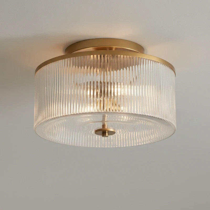 Plafondlamp met Geribbelde Glazen Kap - Landelijke Stijl - Ø 35cm Messing Plafondverlichting voor Hal en Woonkamer | Sansoti
