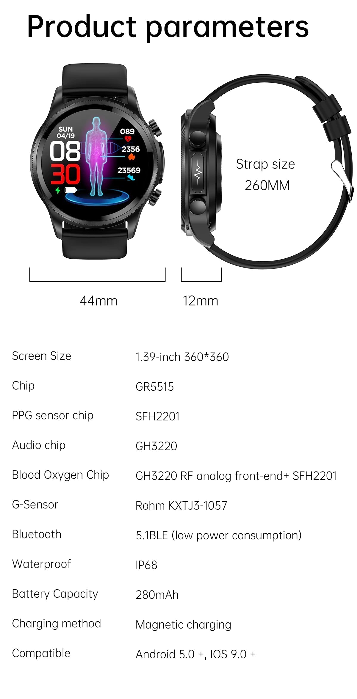 Slimme Gezondheidshorloge met Bloedsuikermeting & Hartslagmeter Waterdicht Fitness Tracker Smartwatch | Sansoti