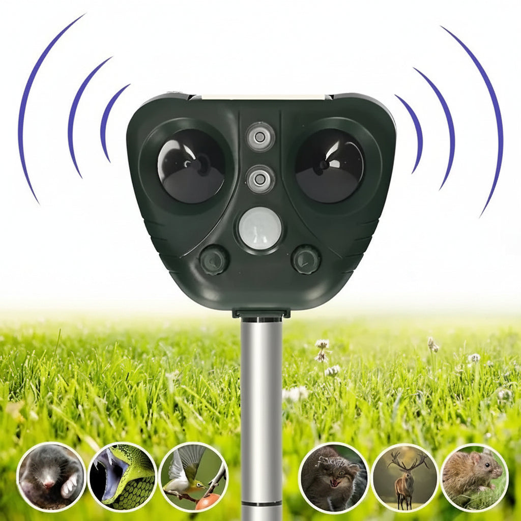 Ultrasonic Solar-Powered Animal Repeller – 13.5–45.5 kHz – Garden Protection – 5 Modes – Range up to 9 meters | Sansoti
