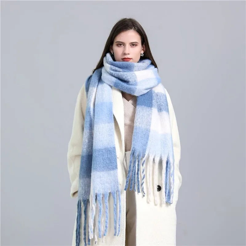 Cashmere Checked Scarf with Tassels 220x50cm Sky Blue Winter Scarf for Women and Men Wool Winter Accessory | Sansoti