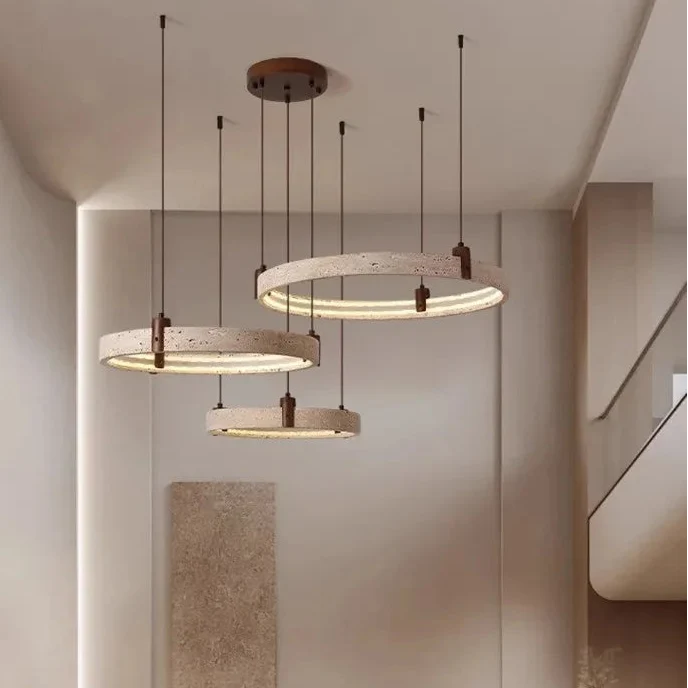 Natuursteen Plafondlamp Travertin Rond LED Dimbaar Woonkamer Eetkamer Hanglamp Luxe Design Interieur | Sansoti