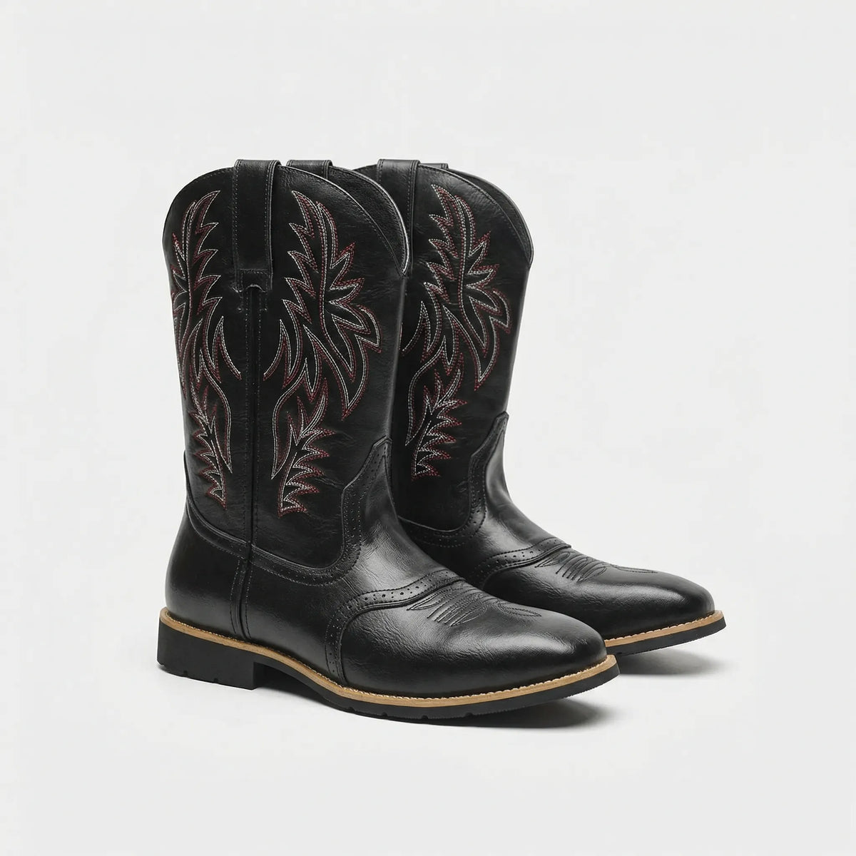 Westernstiefel aus Leder bis zur Wade mit eckiger Zehenpartie, besticktem Schaft und Schlupfdesign, Herrenstiefel, Braun Schwarz, Cowboy-Boots-Stil | Sansoti