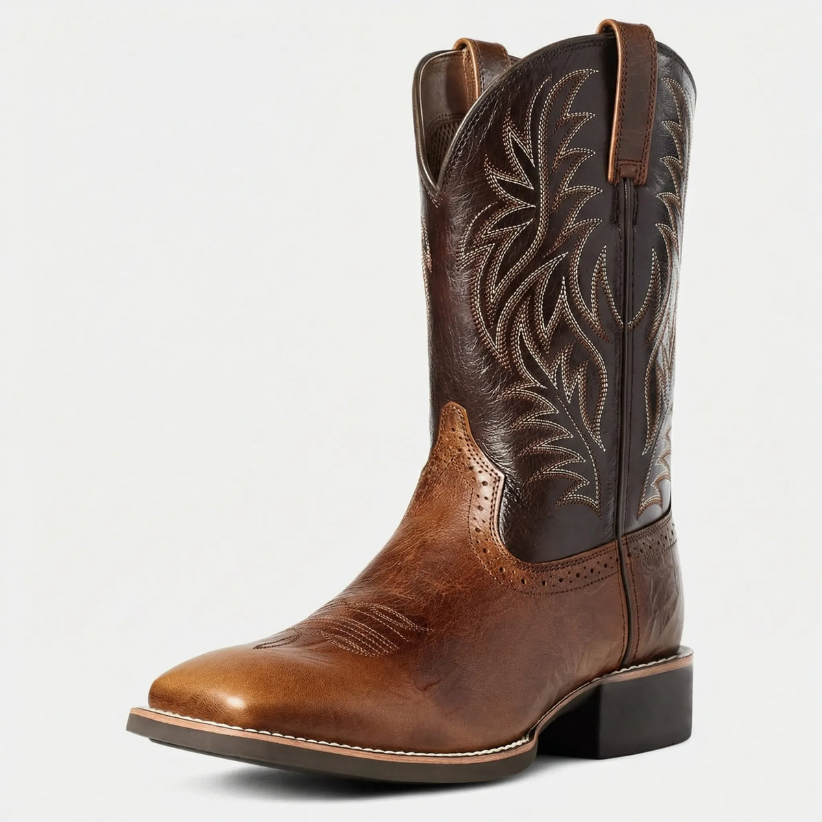 Westernstiefel aus Leder bis zur Wade mit eckiger Zehenpartie, besticktem Schaft und Schlupfdesign, Herrenstiefel, Braun Schwarz, Cowboy-Boots-Stil | Sansoti