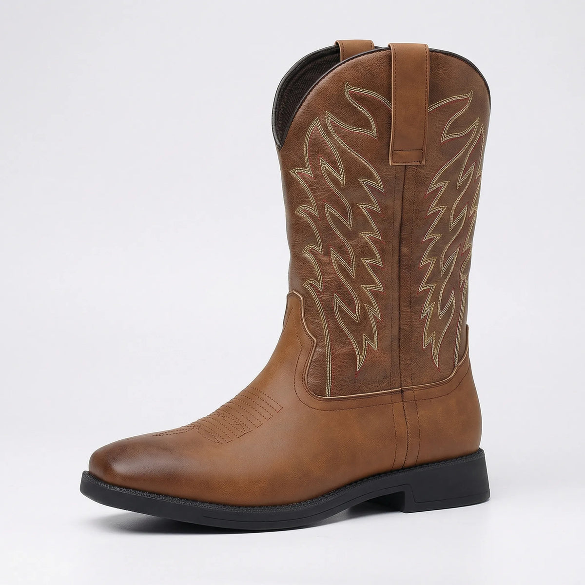Westernstiefel aus Leder bis zur Wade mit eckiger Zehenpartie, besticktem Schaft und Schlupfdesign, Herrenstiefel, Braun Schwarz, Cowboy-Boots-Stil | Sansoti