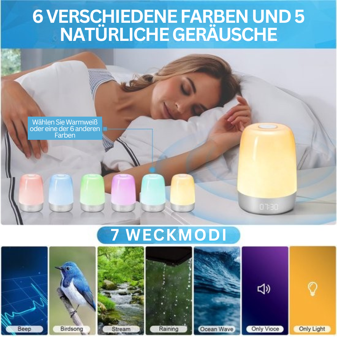 Wake-up Light mit Naturgeräuschen und Sonnenaufgangssimulation – Wiederaufladbare USB-C Nachttischlampe mit Dimmbar Warmem Licht | Sansoti