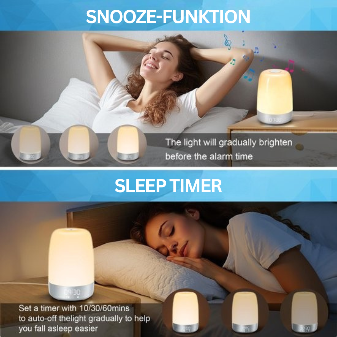 Wake-up Light mit Naturgeräuschen und Sonnenaufgangssimulation – Wiederaufladbare USB-C Nachttischlampe mit Dimmbar Warmem Licht | Sansoti