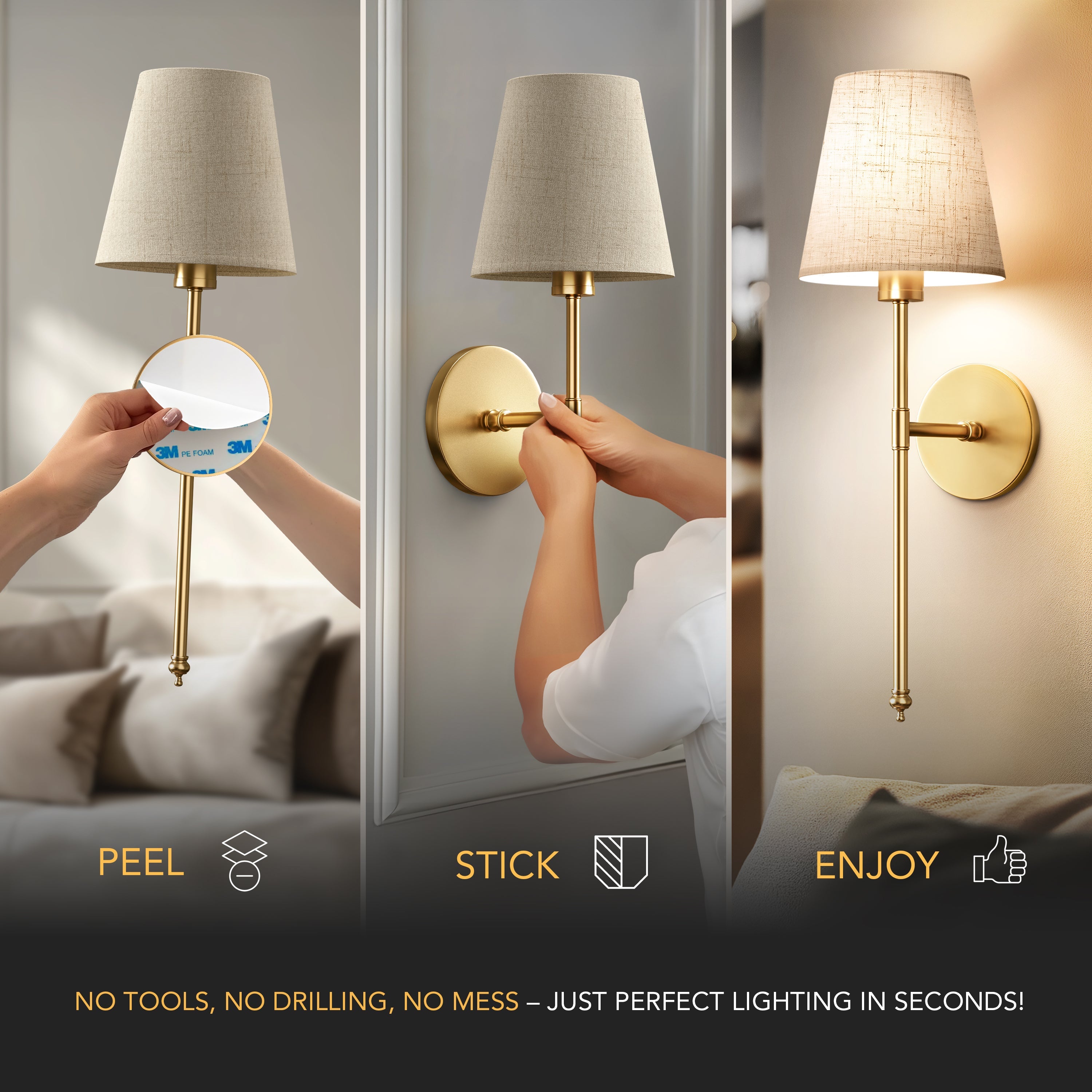 Wandlampe Gold Leinen Schirm Set 2 Kabellos Fernbedienung Dimmbar RGB Schlafzimmer Wohnzimmer | Restfield