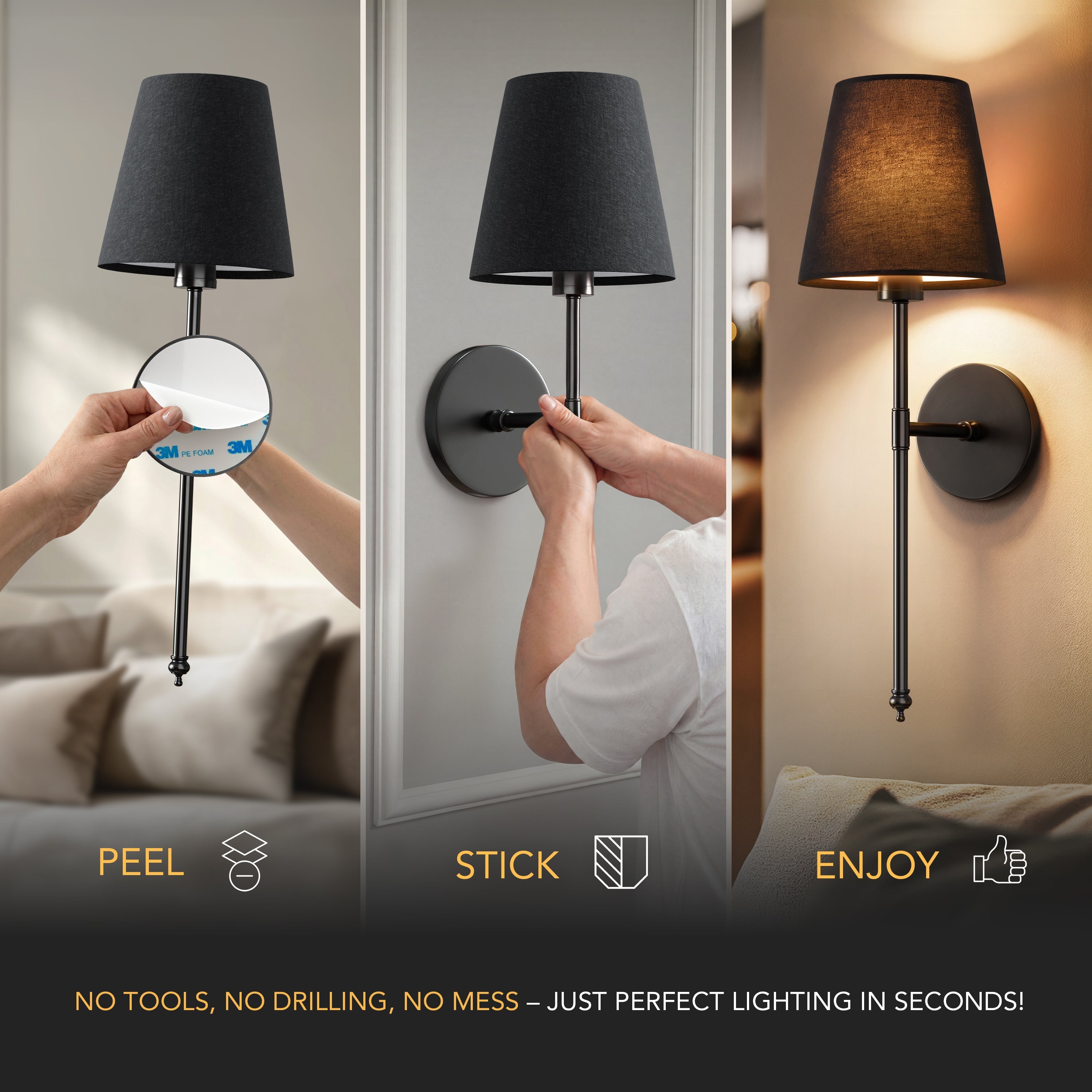 Applique murale Or Abat-jour noir Set de 2 Sans fil Télécommande Dimmable RGB Chambre Salon | Restfield