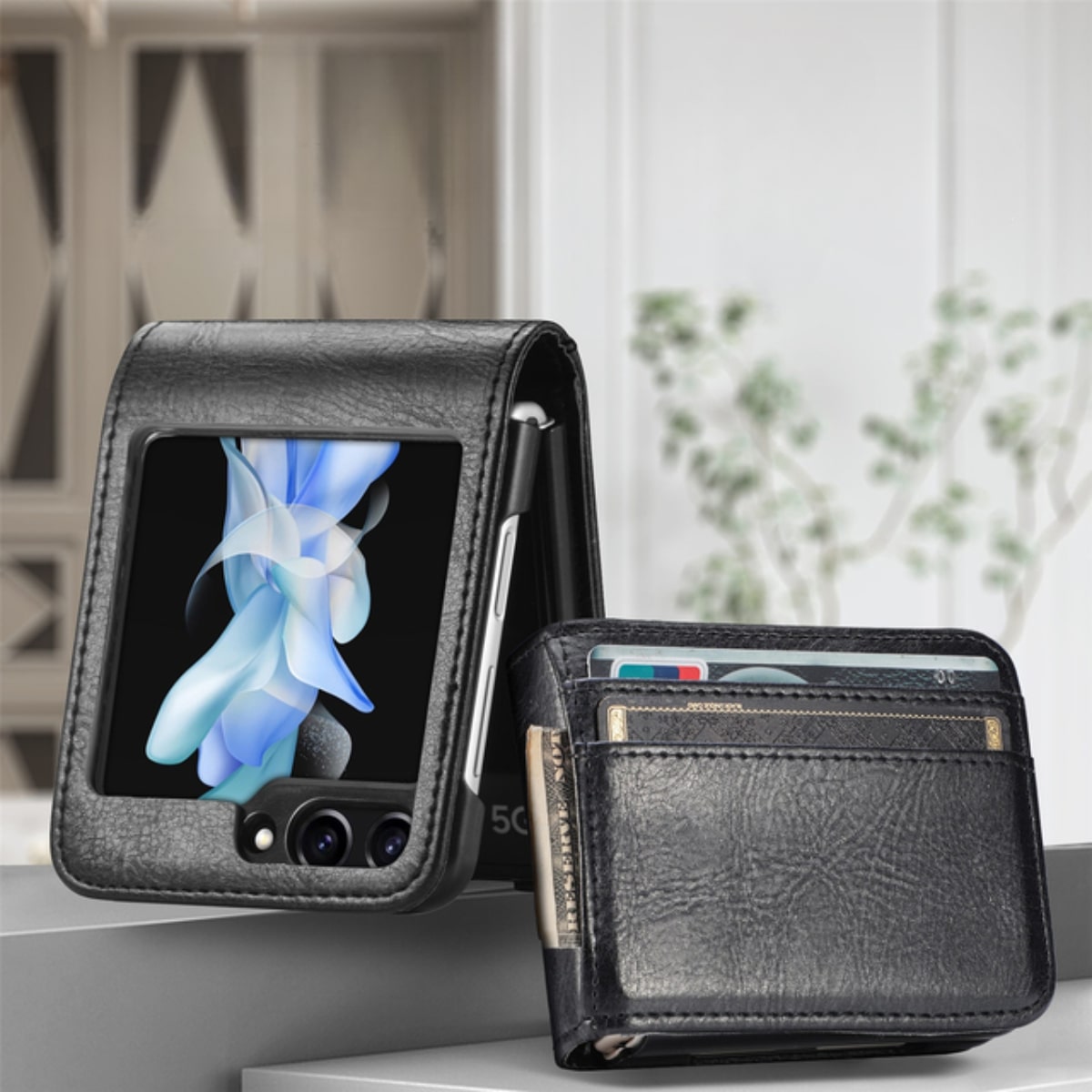 Flip Telefoon Portemonnee Hoes met Kaartvakken PU Leer Beschermhoes voor Klaptelefoon Zwart Blauw Compact | Sansoti