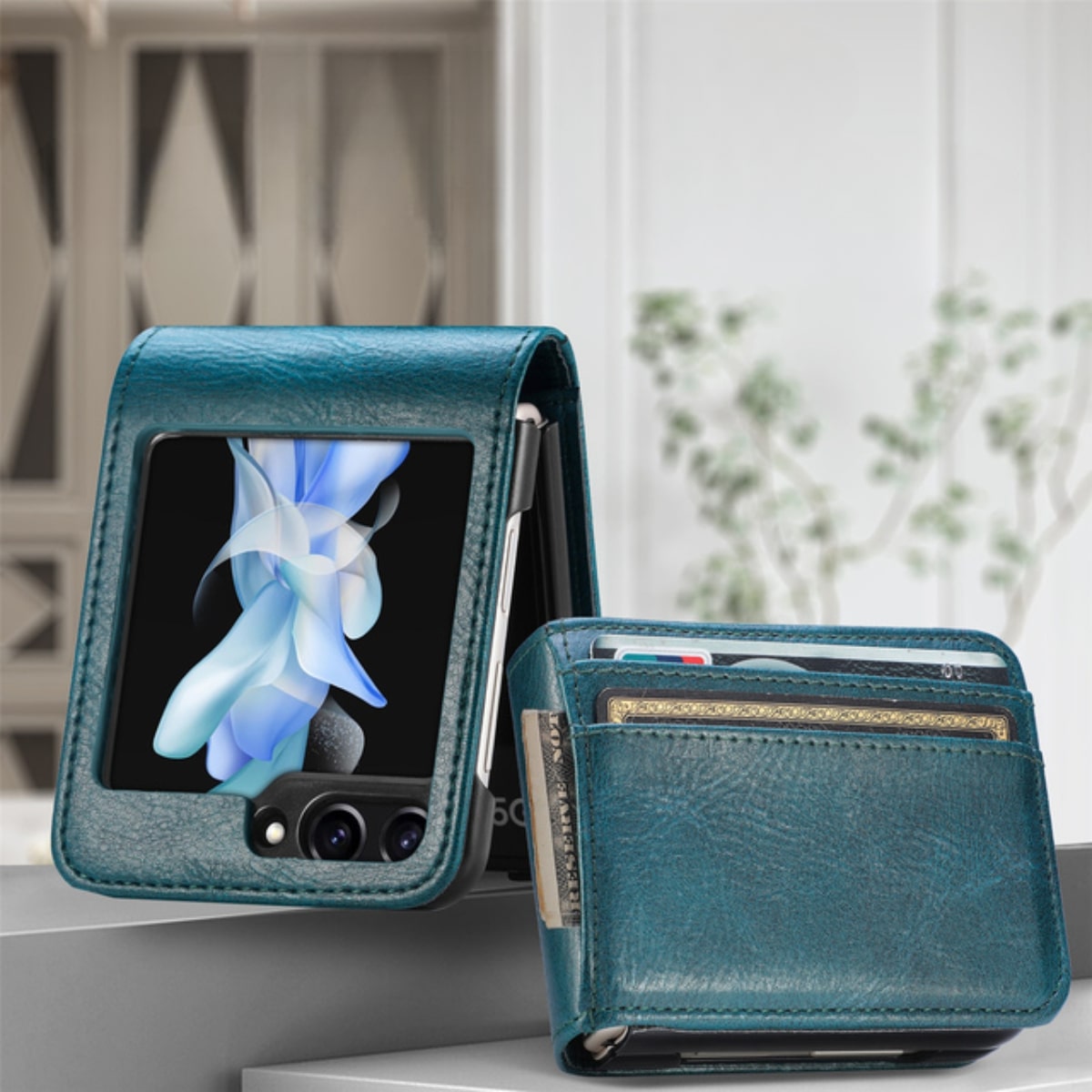 Flip Telefoon Portemonnee Hoes met Kaartvakken PU Leer Beschermhoes voor Klaptelefoon Zwart Blauw Compact | Sansoti