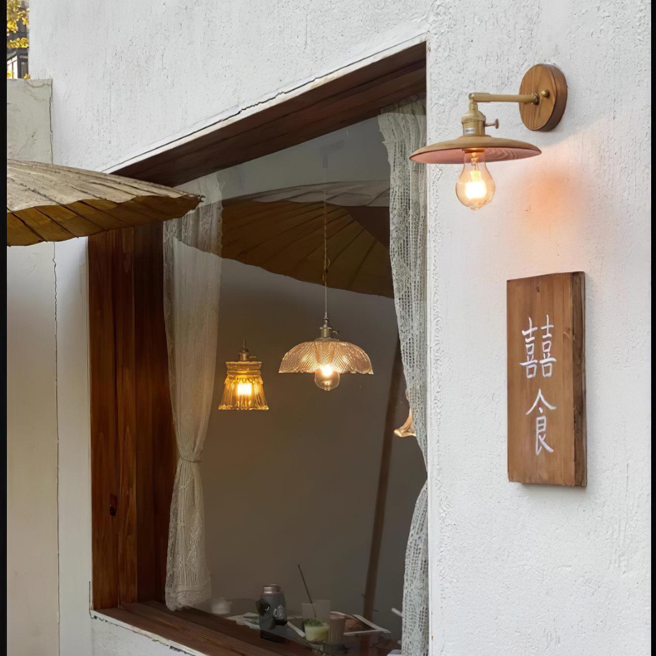 Wandleuchte Walnussholz Messing E27 20cm Rund Wohnzimmer Schlafzimmer Flur Japandi