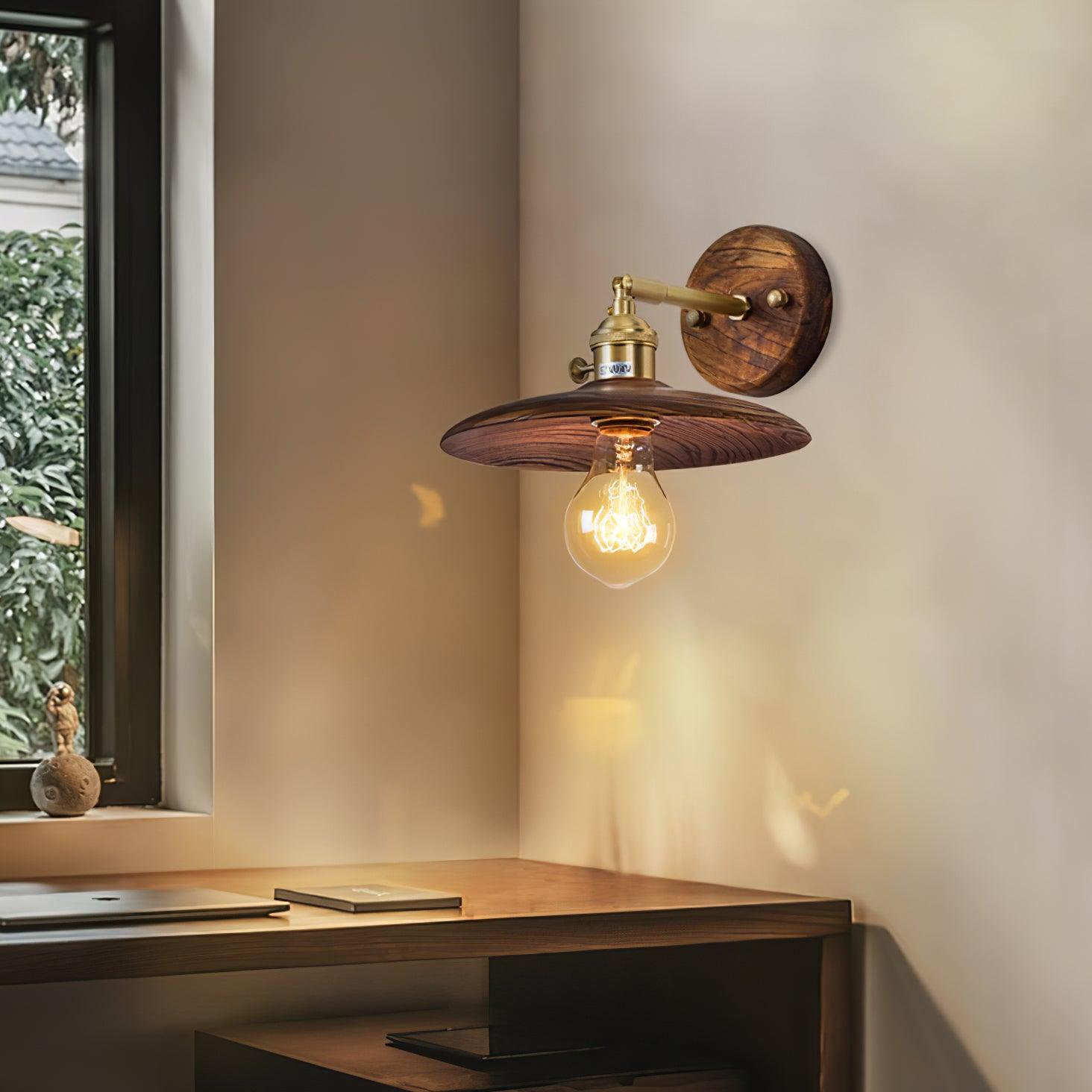 Wandleuchte Walnussholz Messing E27 20cm Rund Wohnzimmer Schlafzimmer Flur Japandi