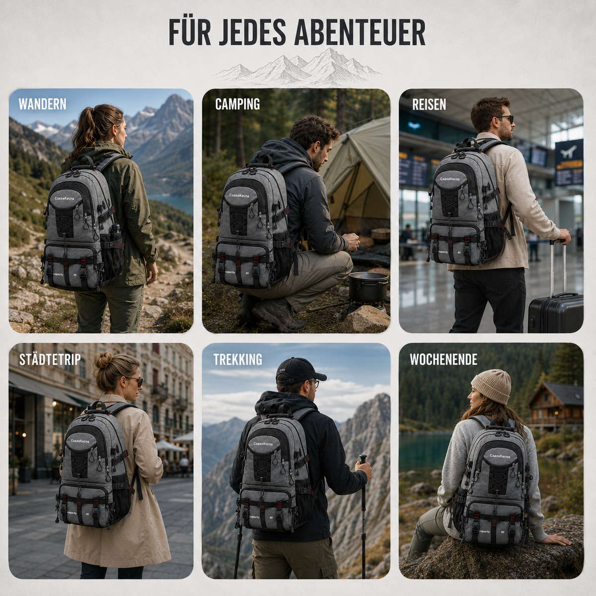 Trekkingtas 40 Liter met USB-Poort Ergonomisch Waterdicht voor Wandelen Bergtouren Outdoor Camping Reizen | Sansoti