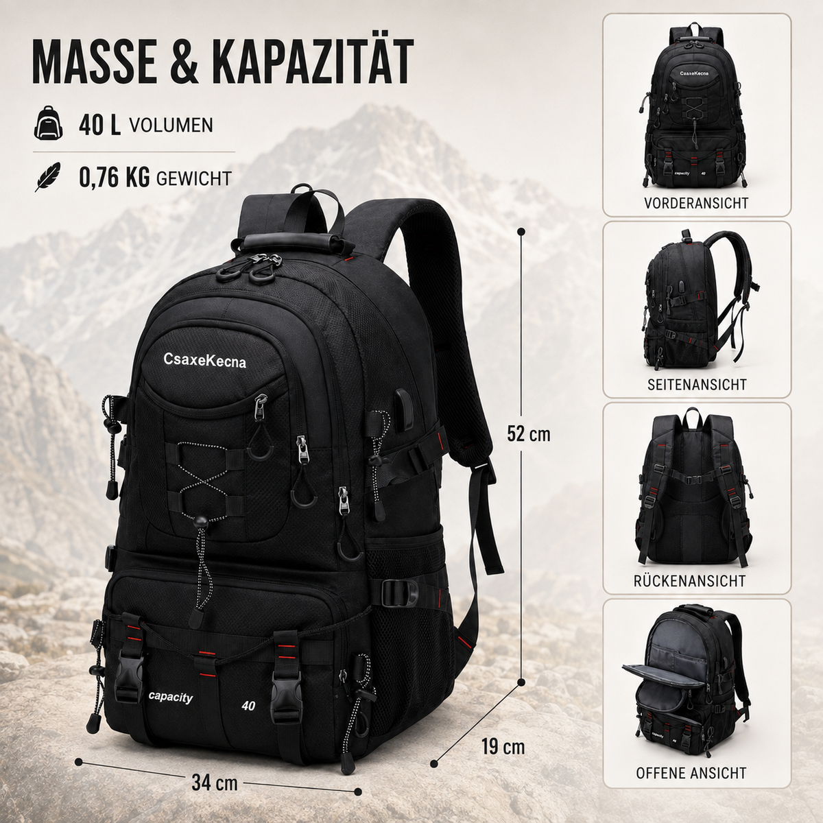 Trekkingtas 40 Liter met USB-Poort Ergonomisch Waterdicht voor Wandelen Bergtouren Outdoor Camping Reizen | Sansoti
