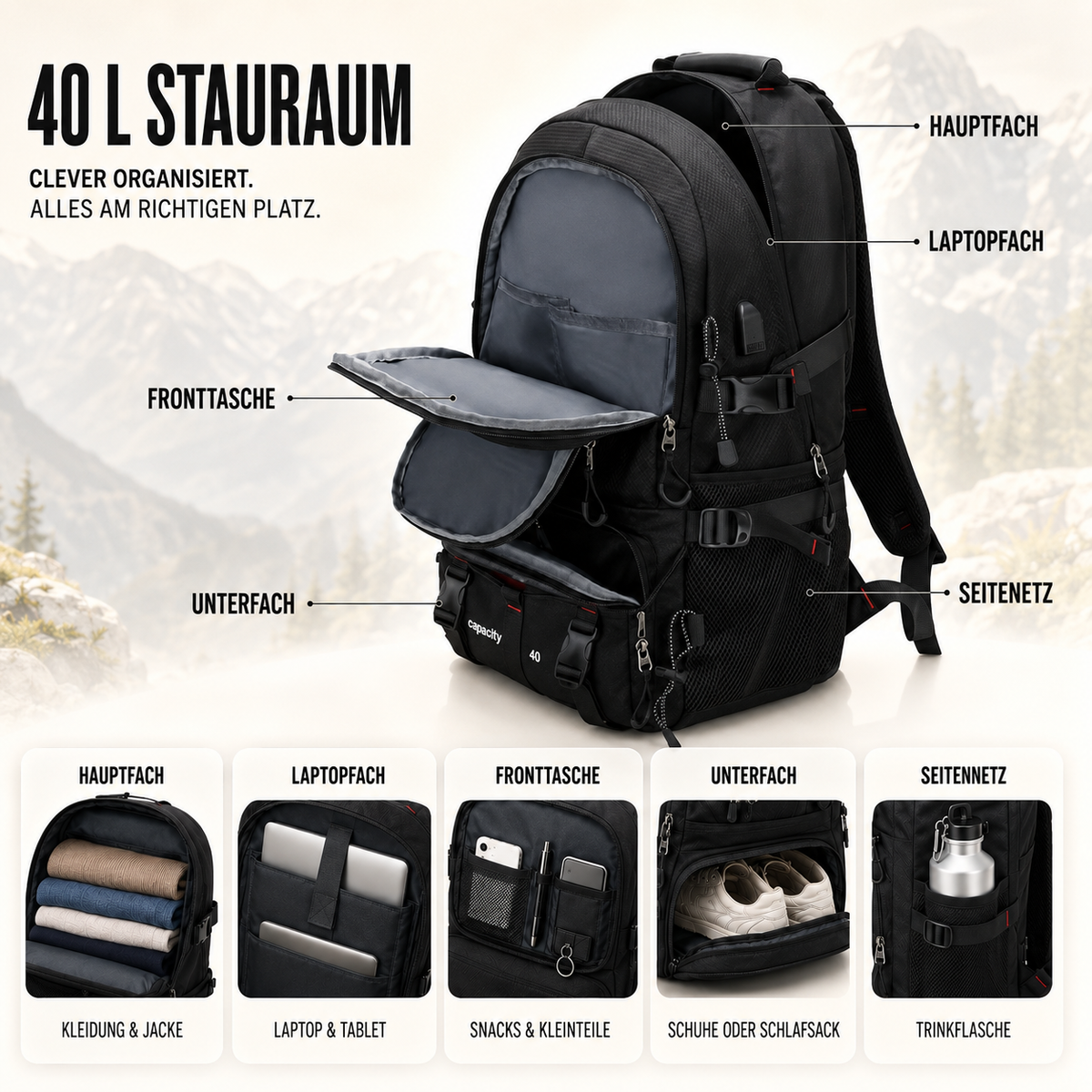 Trekkingtas 40 Liter met USB-Poort Ergonomisch Waterdicht voor Wandelen Bergtouren Outdoor Camping Reizen | Sansoti