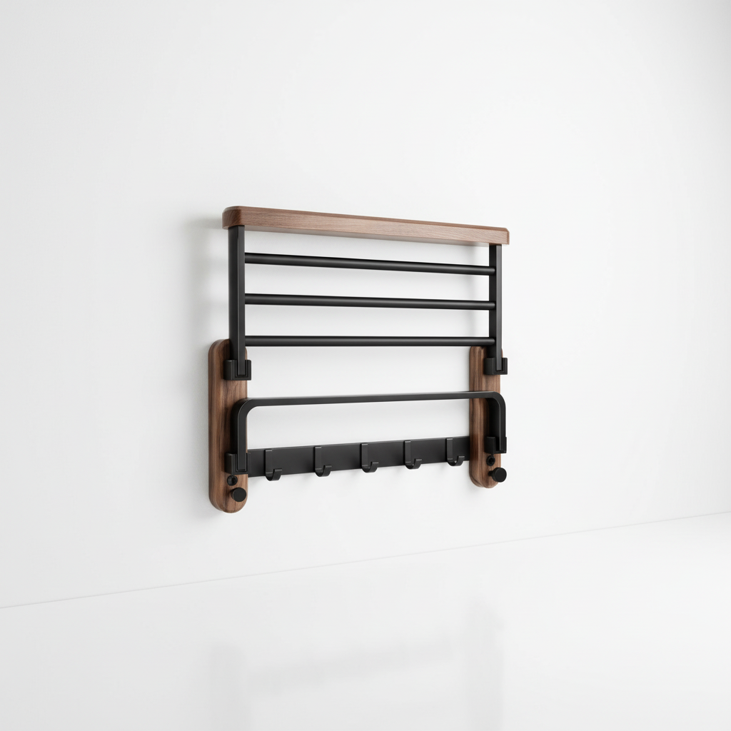 Wandrek Hout Handdoeken Badkamer Walnoot Aluminium Minimalistisch Scandinavisch Design Naturel 50cm 60cm | Sansoti