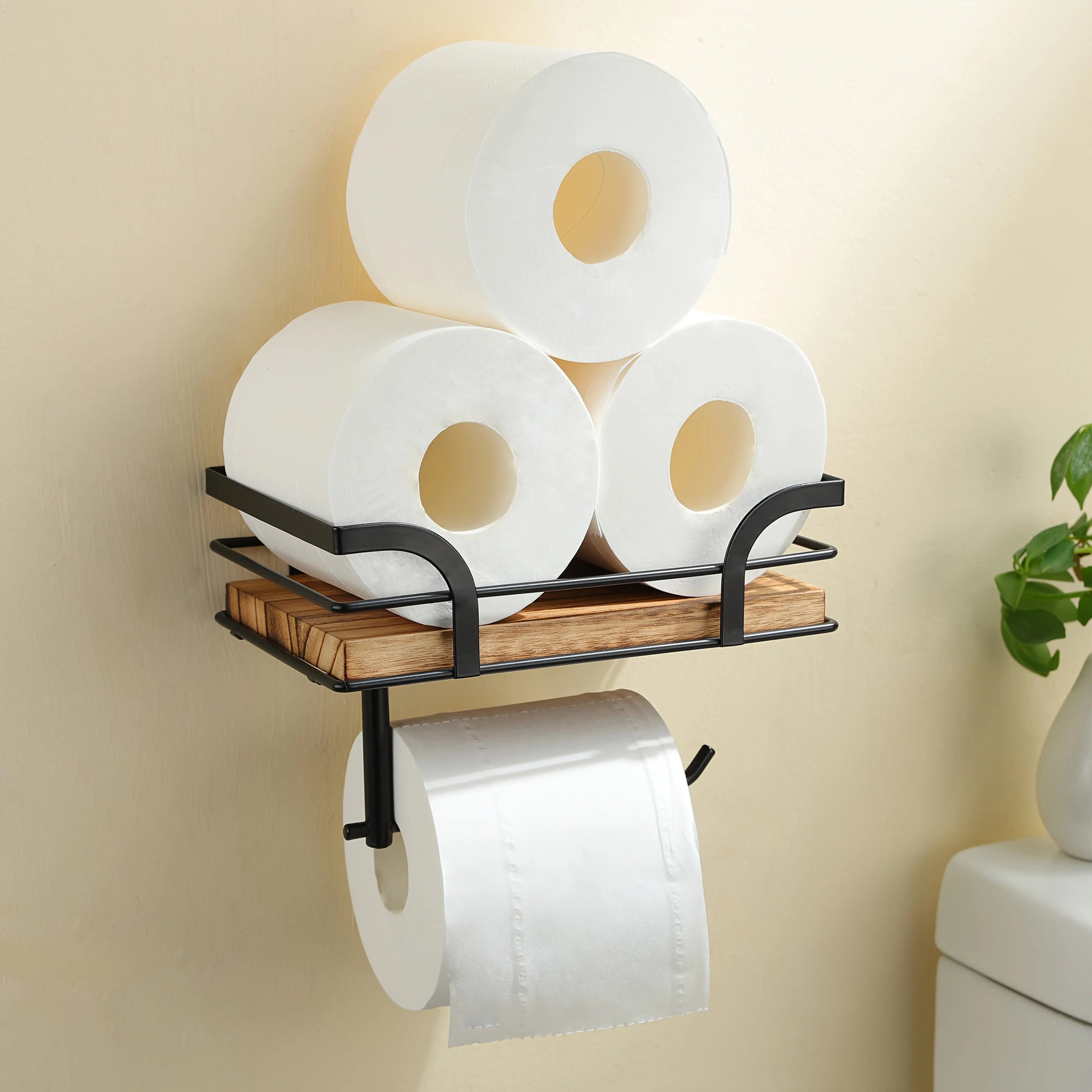 Wandplank met Toiletrolhouder – Metalen Frame met Houten Plank voor Badkamer | Sansoti