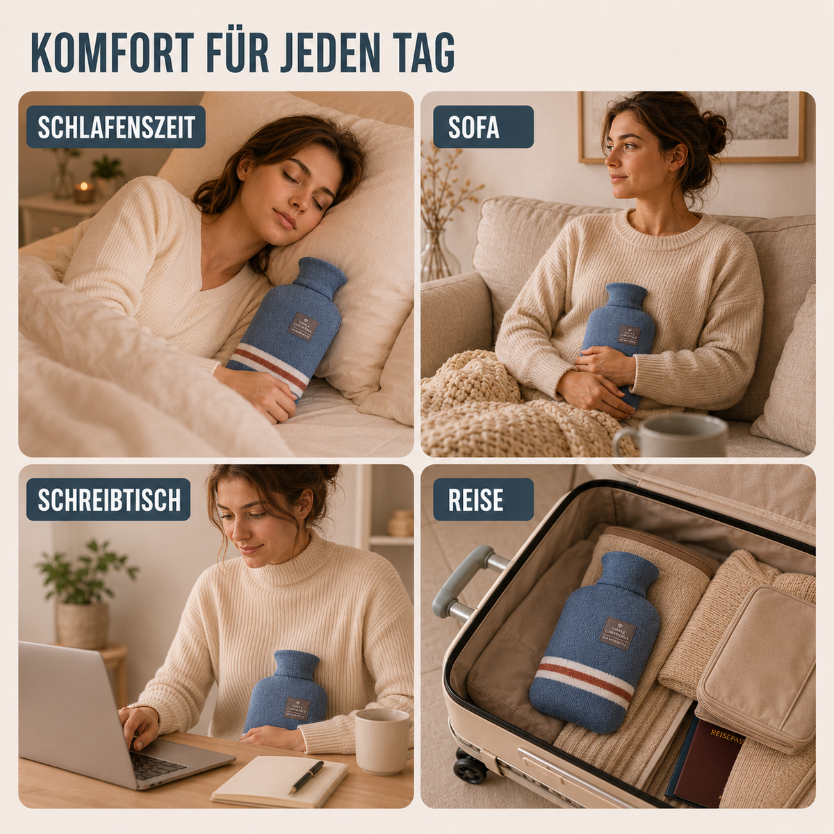 Wärmflasche mit Strickbezug, 1 Liter, wärmespeichernd, komfortabel für kalte Wintertage, Entspannung zu Hause und Wellness | Sansoti