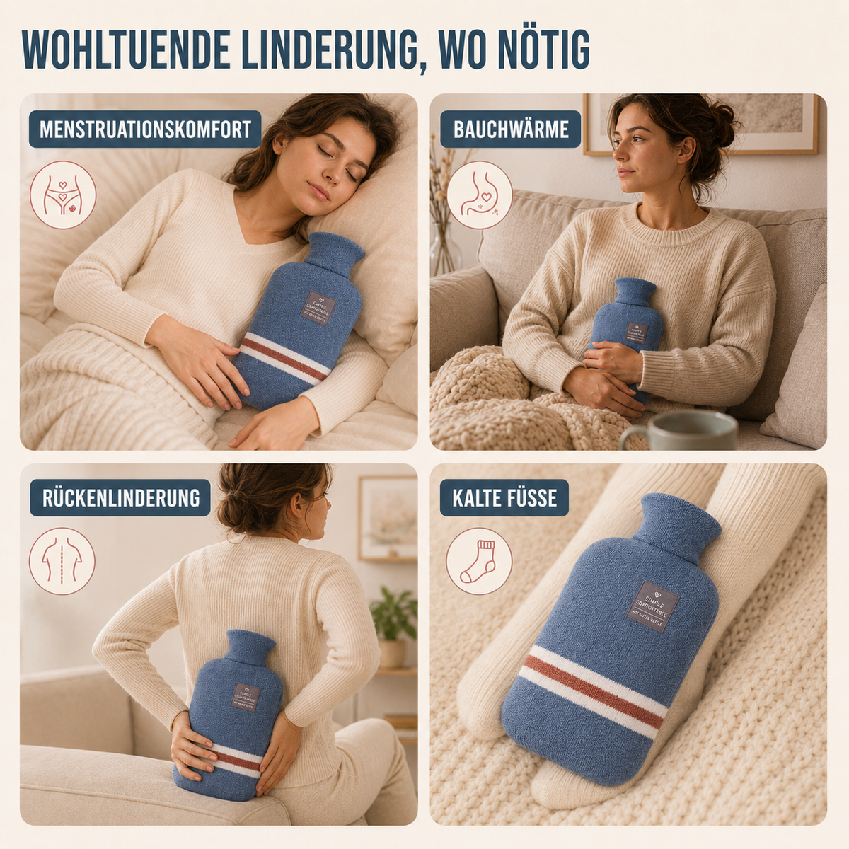 Wärmflasche mit Strickbezug, 1 Liter, wärmespeichernd, komfortabel für kalte Wintertage, Entspannung zu Hause und Wellness | Sansoti