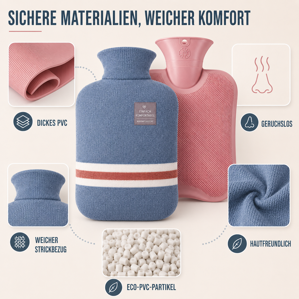 Wärmflasche mit Strickbezug, 1 Liter, wärmespeichernd, komfortabel für kalte Wintertage, Entspannung zu Hause und Wellness | Sansoti
