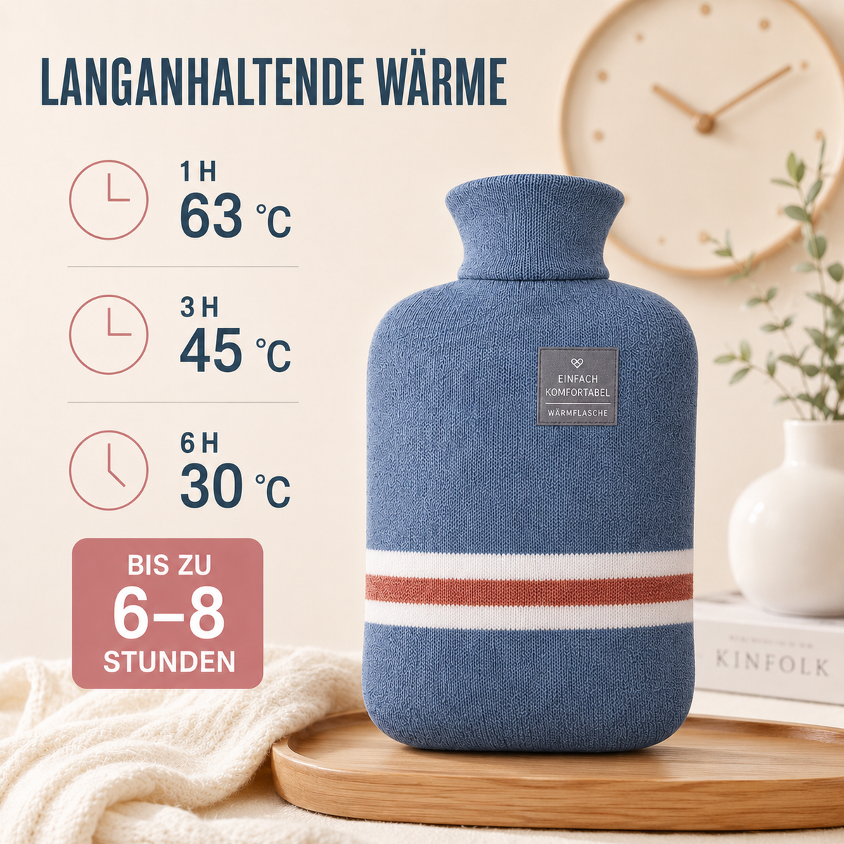 Wärmflasche mit Strickbezug, 1 Liter, wärmespeichernd, komfortabel für kalte Wintertage, Entspannung zu Hause und Wellness | Sansoti