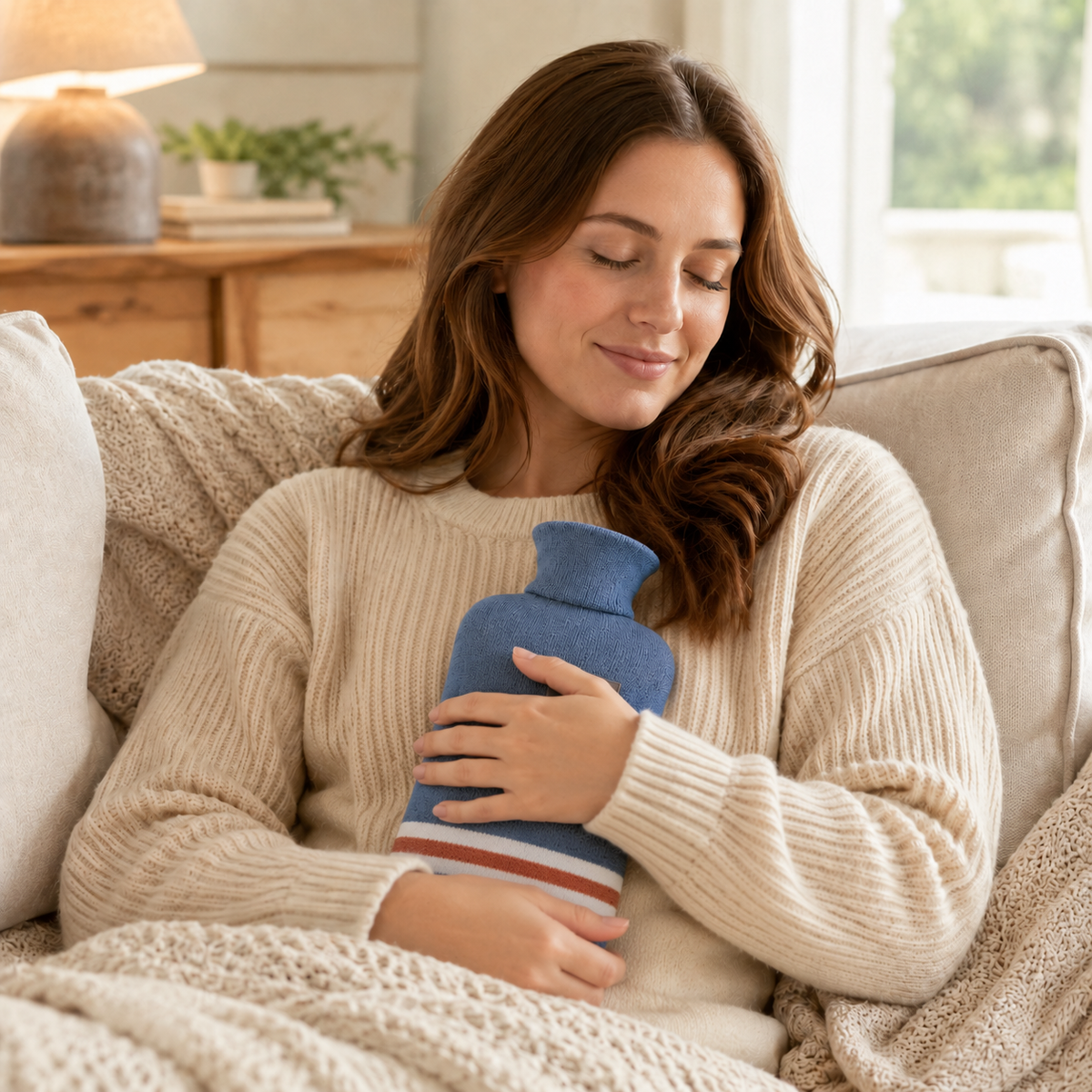 Wärmflasche mit Strickbezug, 1 Liter, wärmespeichernd, komfortabel für kalte Wintertage, Entspannung zu Hause und Wellness | Sansoti