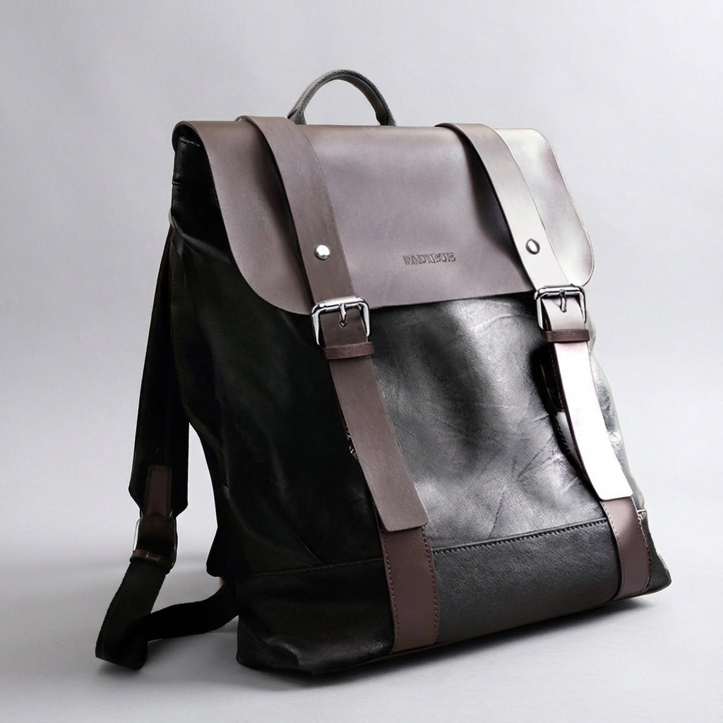 Sac à dos en cuir imperméable avec compartiment pour ordinateur portable, marron et noir, durable, pour l'école, le travail, les voyages et un usage quotidien - Ordinateur portable | Sansoti