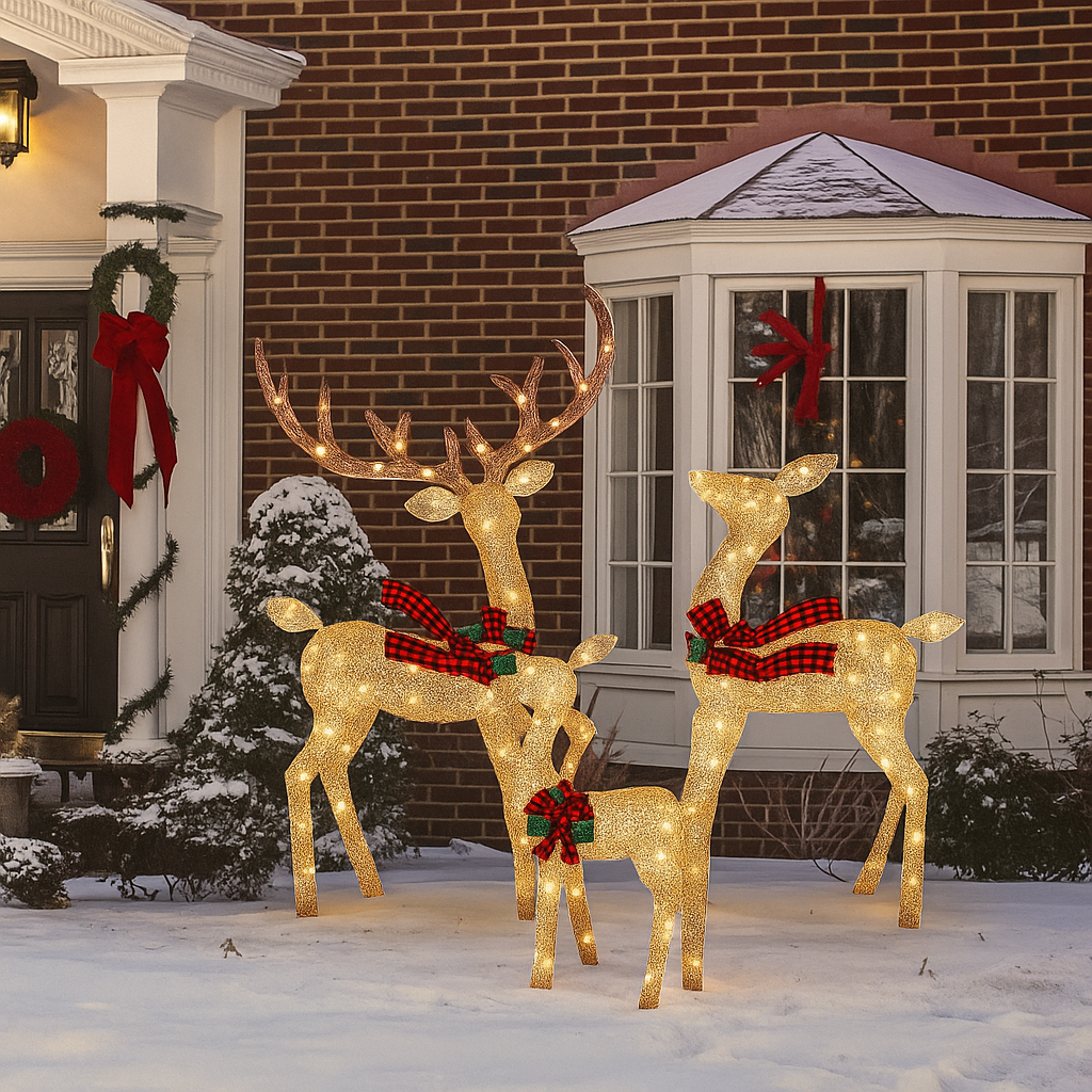 Verlichte Rendierenfamilie Decoratie Rotan Design Voor Tuin Gouden Finish Outdoor Kerstverlichting Set 3-Delig | Sansoti