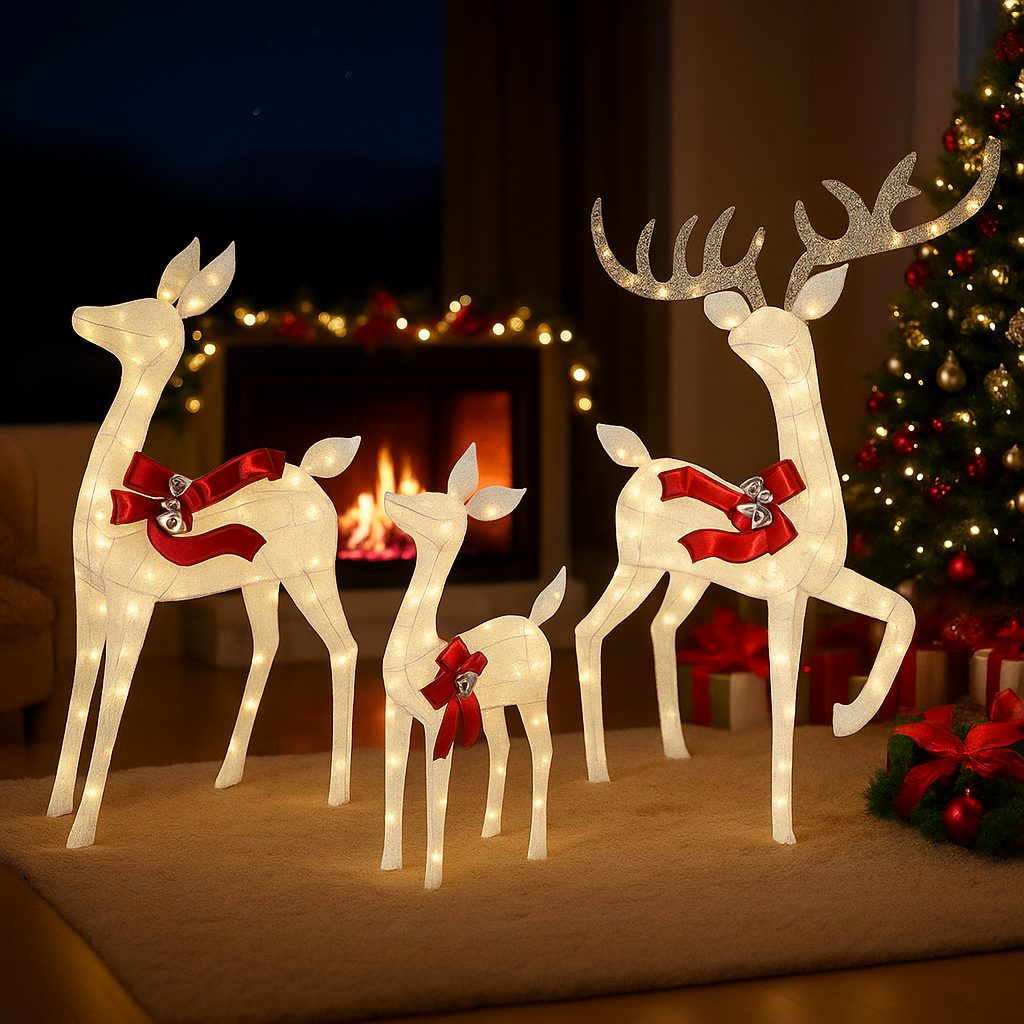 Verlichte Rendierenfamilie Decoratie Rotan Design Voor Tuin Gouden Finish Outdoor Kerstverlichting Set 3-Delig | Sansoti