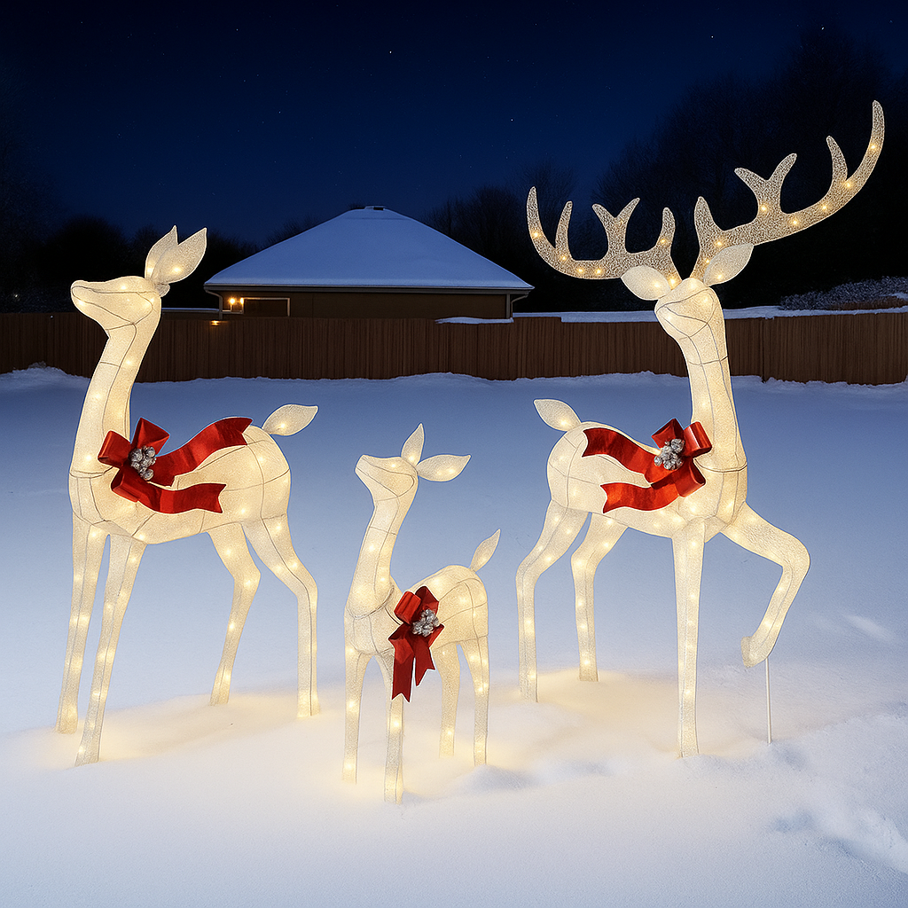 Verlichte Rendierenfamilie Decoratie Rotan Design Voor Tuin Gouden Finish Outdoor Kerstverlichting Set 3-Delig | Sansoti